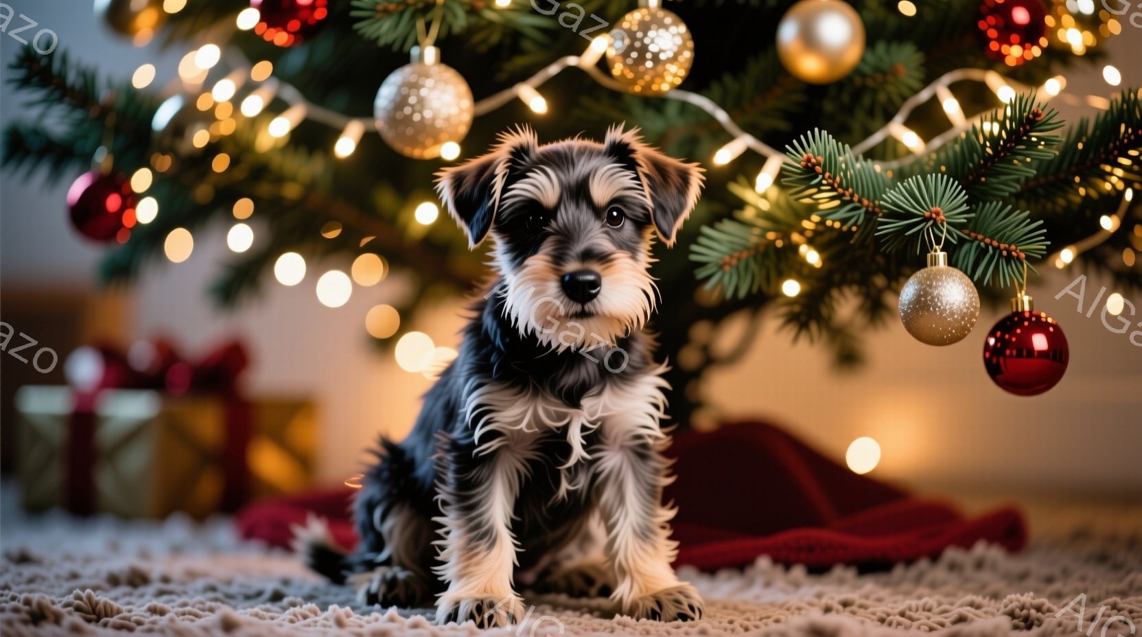 小さなテリア犬がクリスマスのツリーの下に座っています。犬は黒と白の毛並みで、つぶらな瞳と短い口髭が特徴的です。背景には、輝くオーナメントと電飾で飾られたクリスマスツリーと、プレゼントの箱が散らばる暖かく幻想的な雰囲気の室内が広がっています。