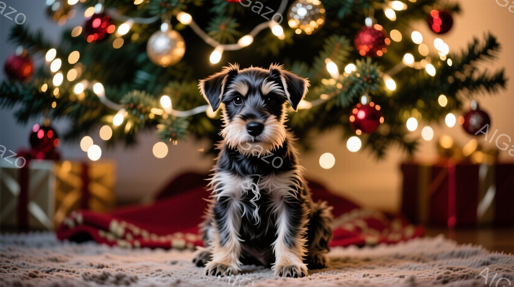 小さなミニチュアシュナウザーが、クリスマスツリーの足元で正面を向いて座っています。毛並みは黒と白のコントラストが美しく、つぶらな瞳はカメラを見ています。背景には、装飾されたクリスマスツリーとプレゼント - AI生成フリー素材