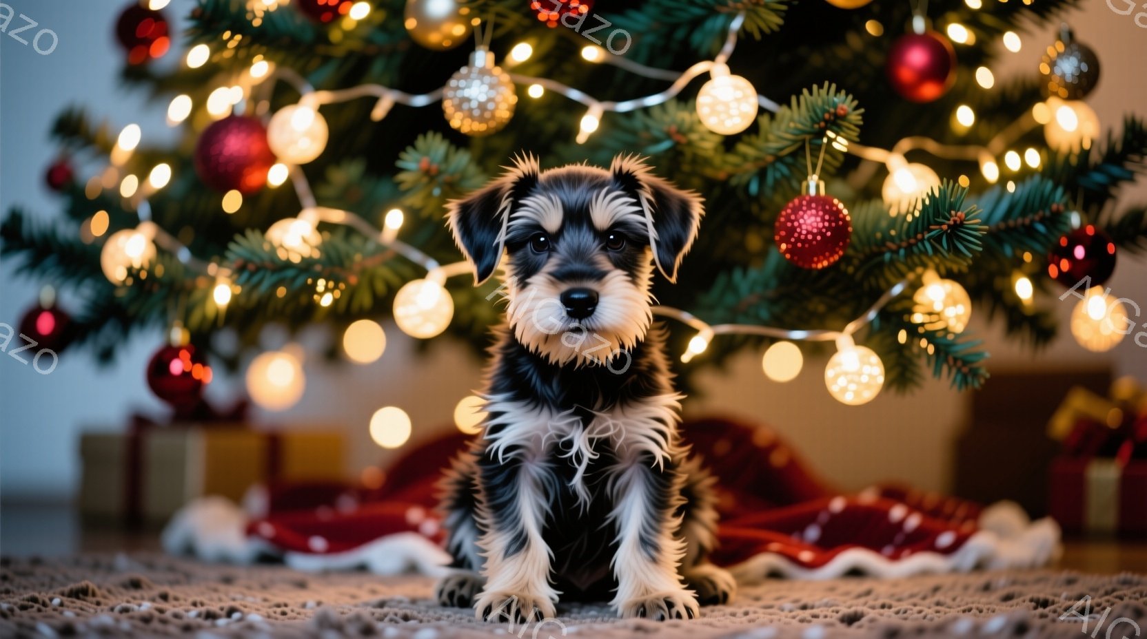 黒と白のテリアの子犬が、クリスマスツリーの前に座っています。子犬は前足を揃え、まっすぐに座り、カメラに向かって少し上目遣いで見つめています。背景には、赤いオーナメントと電飾で飾られたクリスマスツリーが - AI生成フリー素材