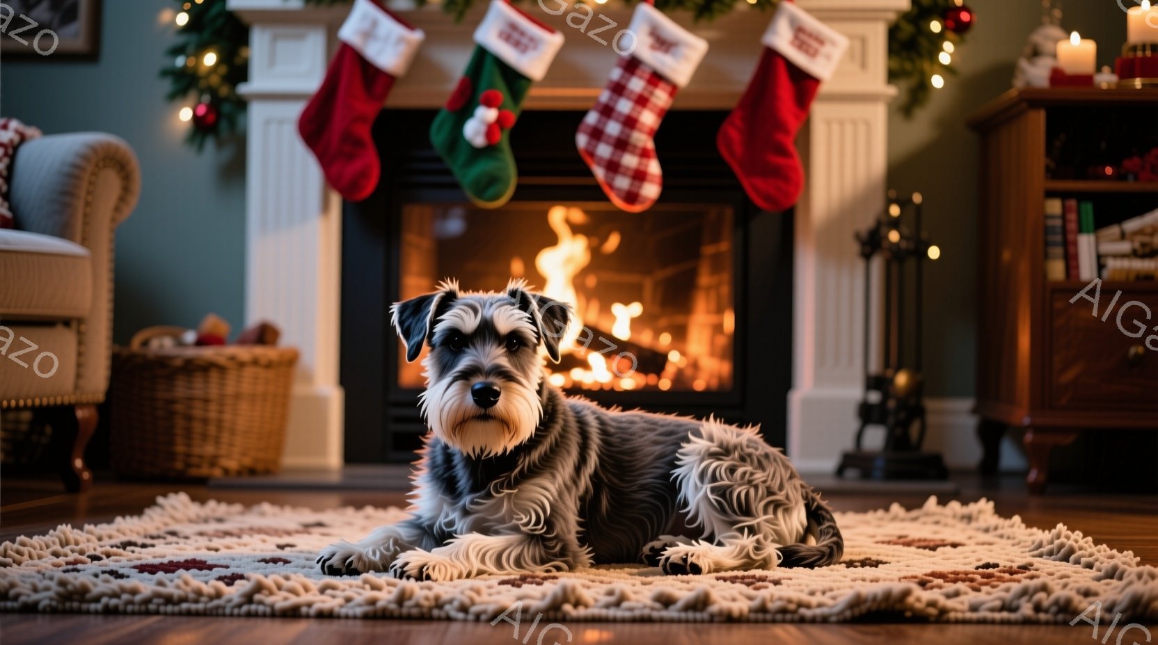 暖炉の前で、グレーの毛並みを持つシュナウザーが敷かれたラグの上で横たわっています。背景には、クリスマスらしい赤いストッキングが暖炉に飾られ、温かい光が灯っています。全体的に、暖かく、居心地の良い、クリ - AI生成フリー素材