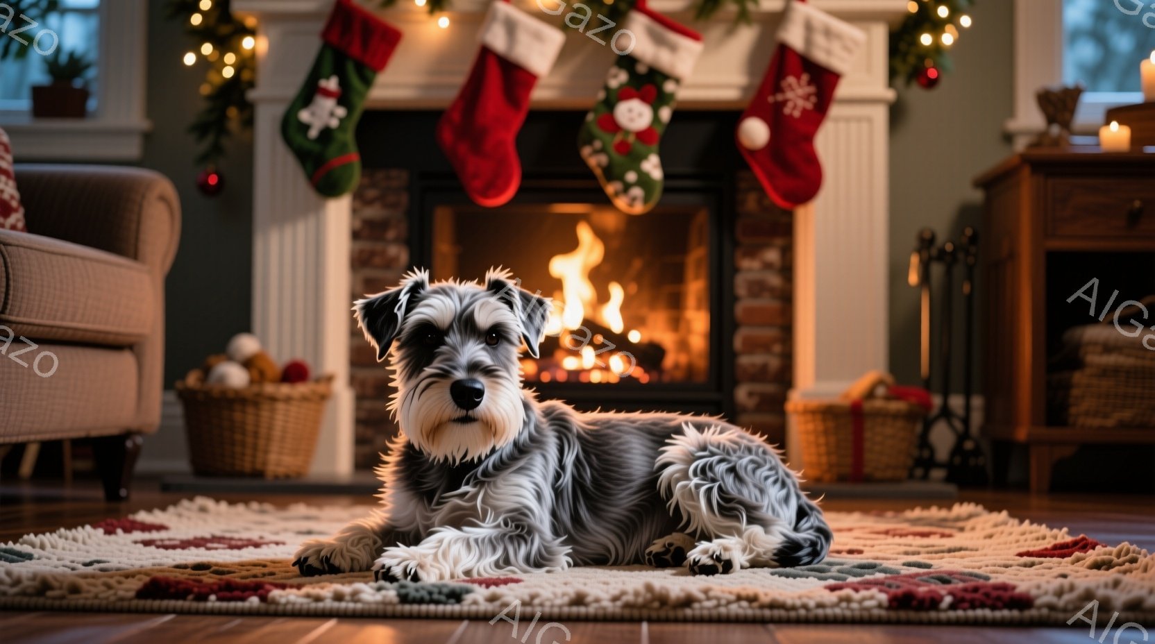 暖炉の前で、塩コショウのような毛並みを持つミニチュアシュナウザーがリラックスして横たわっています。クリスマスの装飾が施された暖炉と、カラフルなラグが暖かく居心地の良い雰囲気を醸し出しています。背景には - AI生成フリー素材