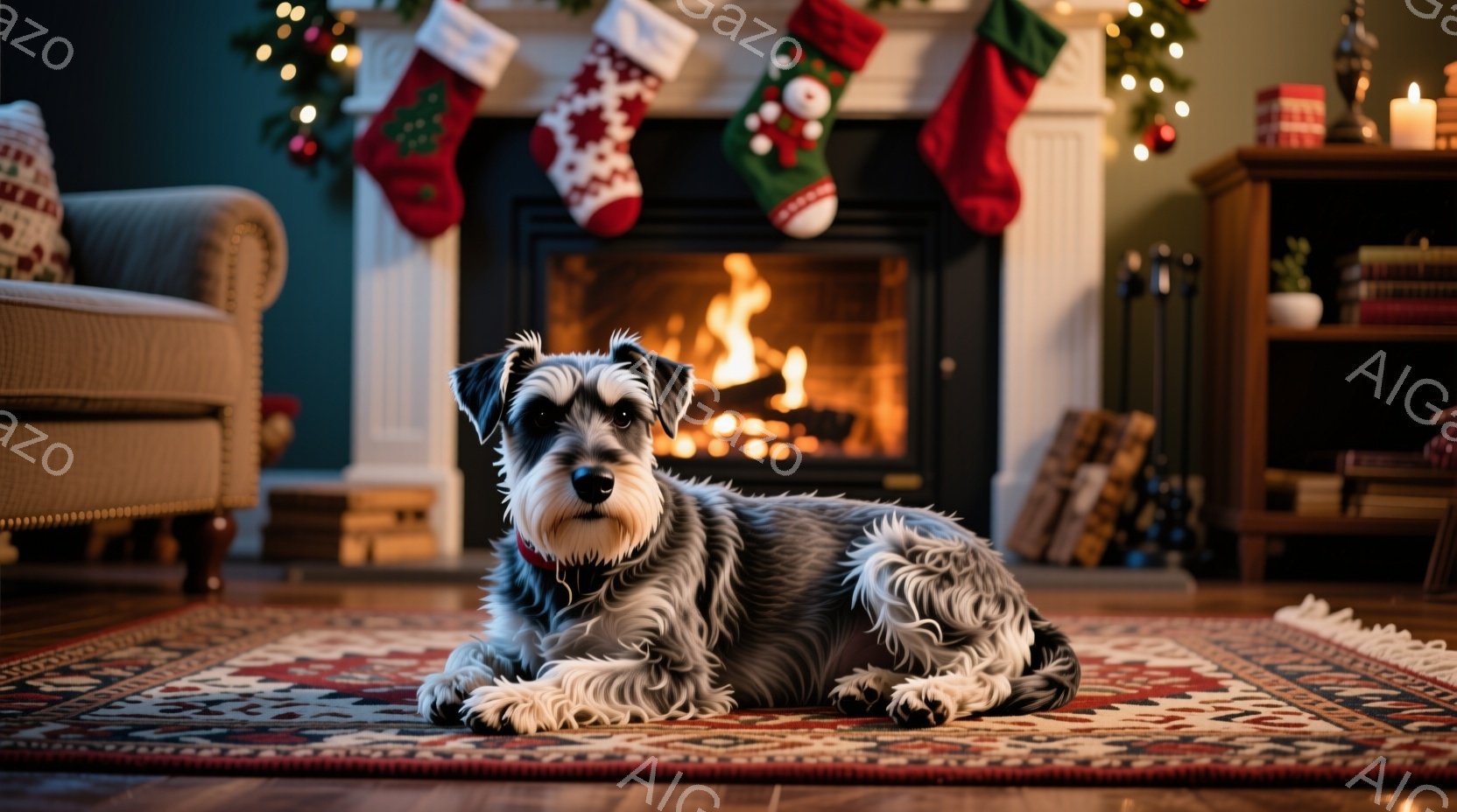 暖炉の前で、灰色のスタンダード・プードルがリラックスして横たわっています。赤い模様の絨毯の上に座り、落ち着いた表情でカメラを見つめています。背景にはクリスマスソックスが飾られた暖炉と、木製の家具が見え - AI生成フリー素材