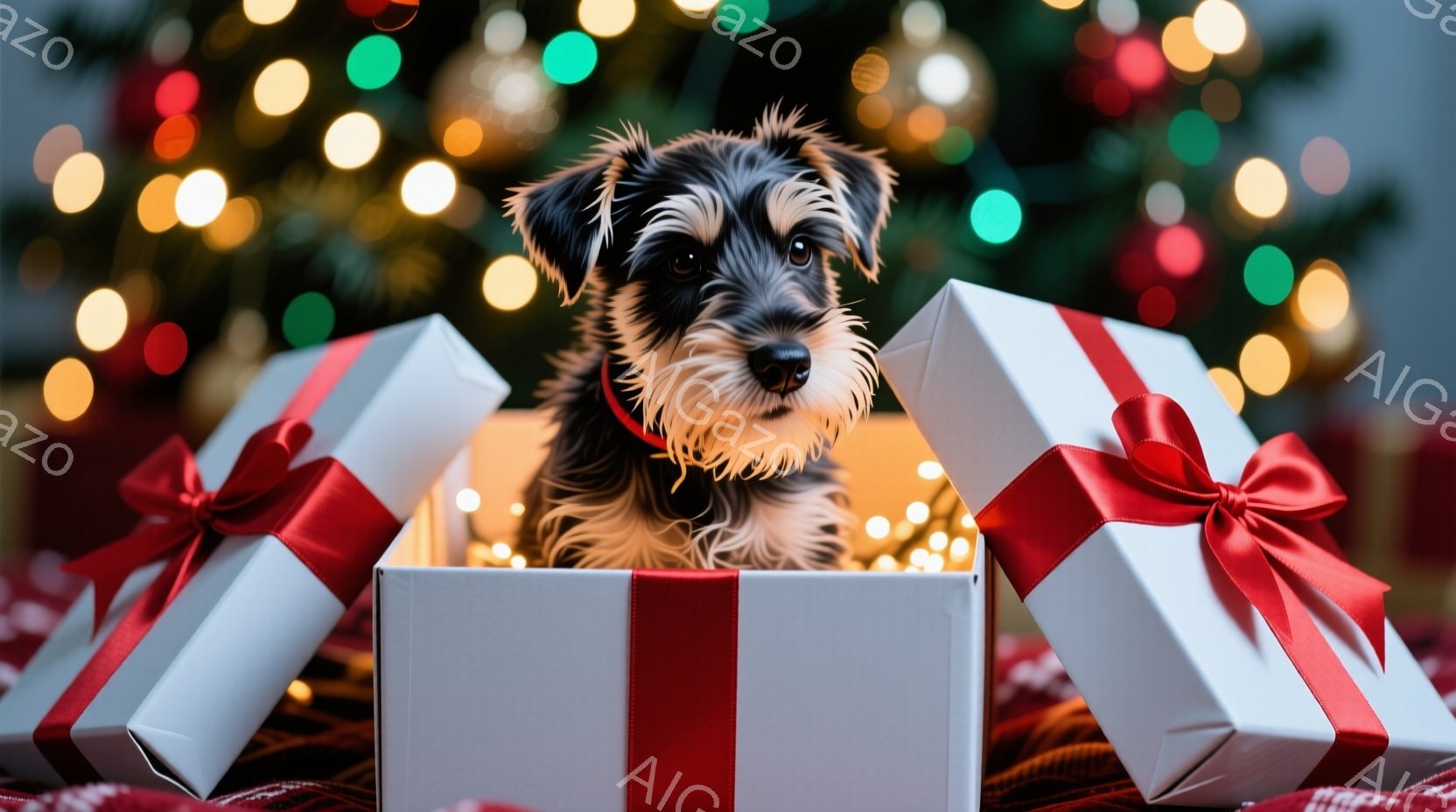 小さなテリア犬がプレゼントボックスから顔を覗かせています。犬は首輪をつけており、少し緊張したような、あるいは好奇心旺盛な表情をしています。背景にはぼやけたクリスマスツリーの光が散りばめられ、暖かく、お祝いの雰囲気を醸し出しています。