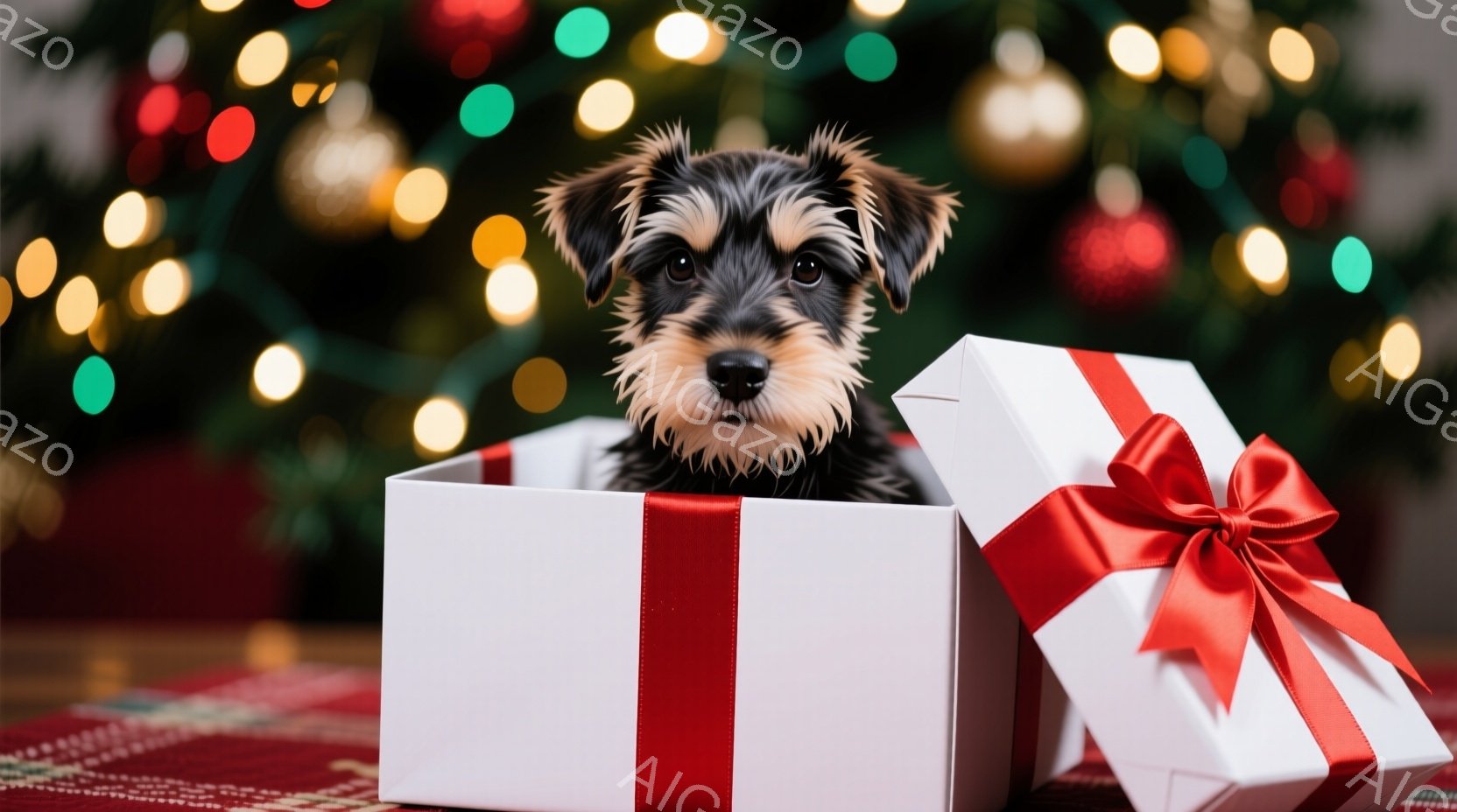 白いギフトボックスの中に、毛並みの美しいヨークシャーテリアの子犬がちょこんと座っています。子犬は少し緊張した表情で正面を見つめ、大きな瞳が印象的です。背景には、ぼやけたクリスマスツリーの光が輝き、温かくお祝いムードを演出しています。