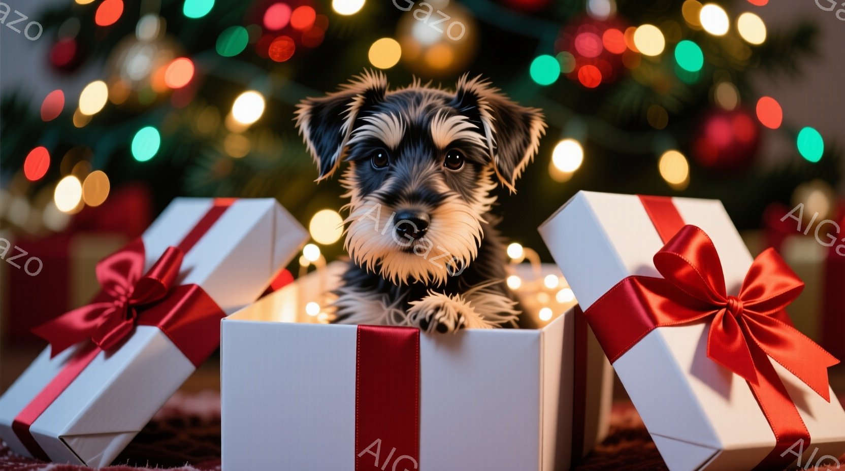 黒い毛並みの小さな犬が、赤いリボンで結ばれた白いギフトボックスの中に座っています。犬は少し不安そうに見え、前足を揃えて箱の中に収まっています。背景にはぼやけたクリスマスツリーの光があり、お祝いの雰囲気 - AI生成フリー素材