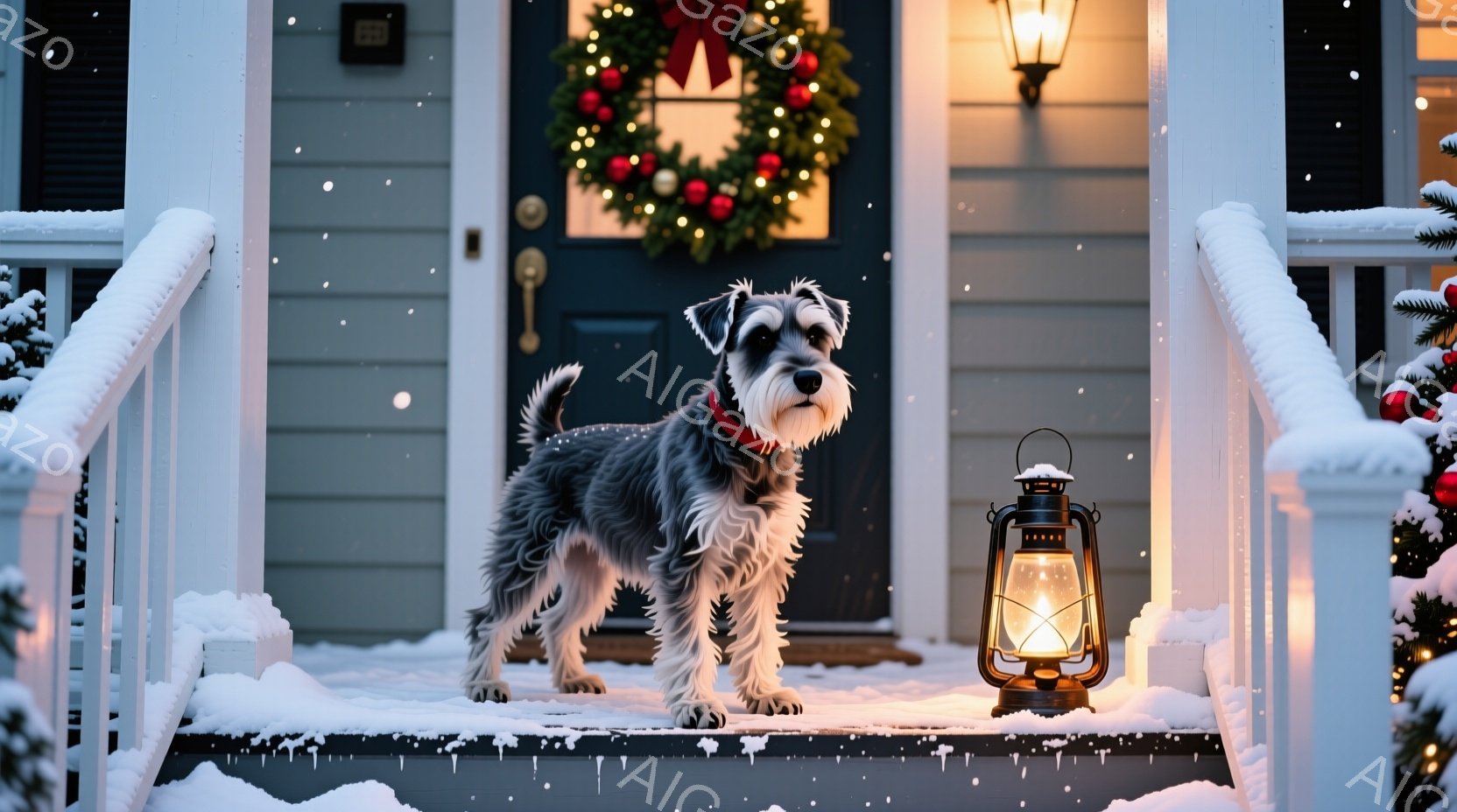 グレイのテリア犬が雪で覆われた家の外階段に立っています。赤い首輪を付け、前足を少し前に出し、落ち着いた表情でこちらを見ています。背景にはクリスマスリースが飾られた玄関ドアがあり、雪が降り積もり、足元に - AI生成フリー素材