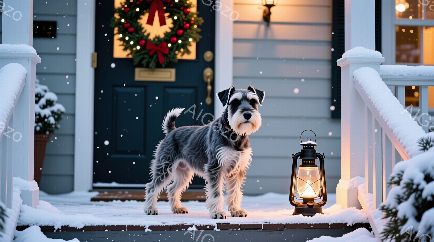 雪景色の中に、小さなテリア犬が座ってこちらを見ている。背景には、カラフルなイルミネーションで飾られた大きなクリスマスツリーと、ライトアップされた建物が並び、冬の夜の暖かく幻想的な雰囲気を醸し出している - AI生成フリー素材
