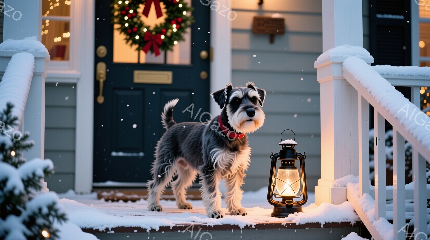 雪が降る家の外階段に、灰色のテリアが赤い首輪をつけて立っている。背景にはクリスマスリースが飾られた玄関ドアと、灯りがともったランタンが暖かく照らし、冬の穏やかな雰囲気が漂う。犬は正面を向いており、少し - AI生成フリー素材