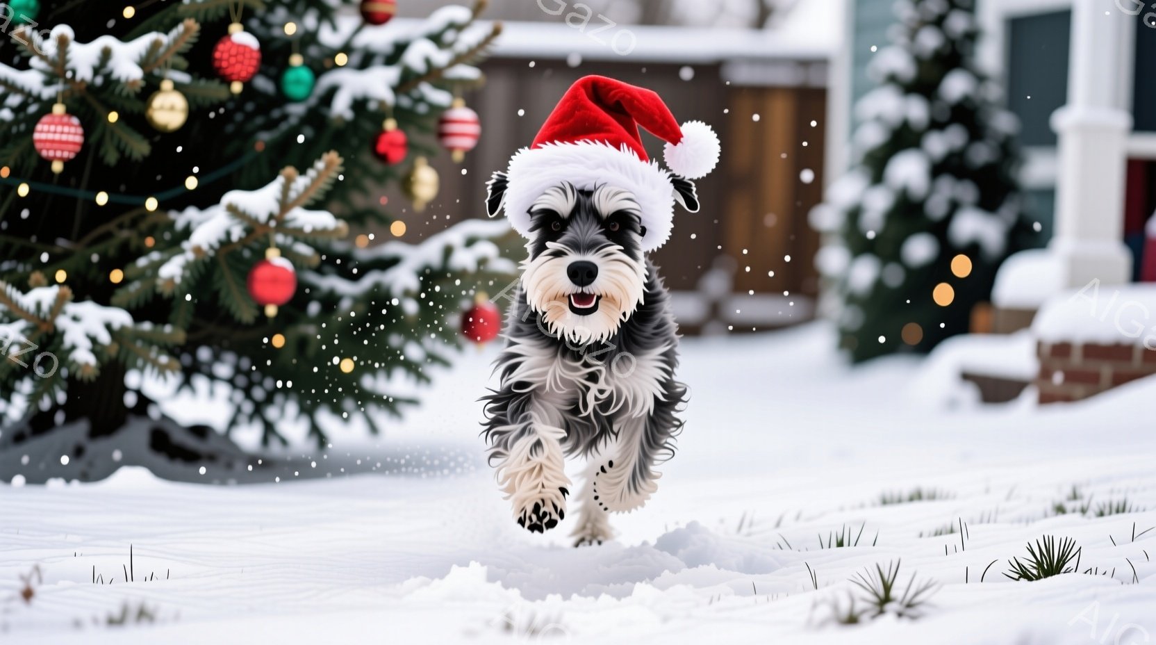 雪が舞う庭で、サンタ帽をかぶったテリア犬が走り出している。犬は嬉しそうに口を開け、勢いよく前進している様子が伺える。背景にはクリスマスツリーが飾られ、白い雪景色と相まって、温かく、お祝いムードに満ちた雰囲気である。