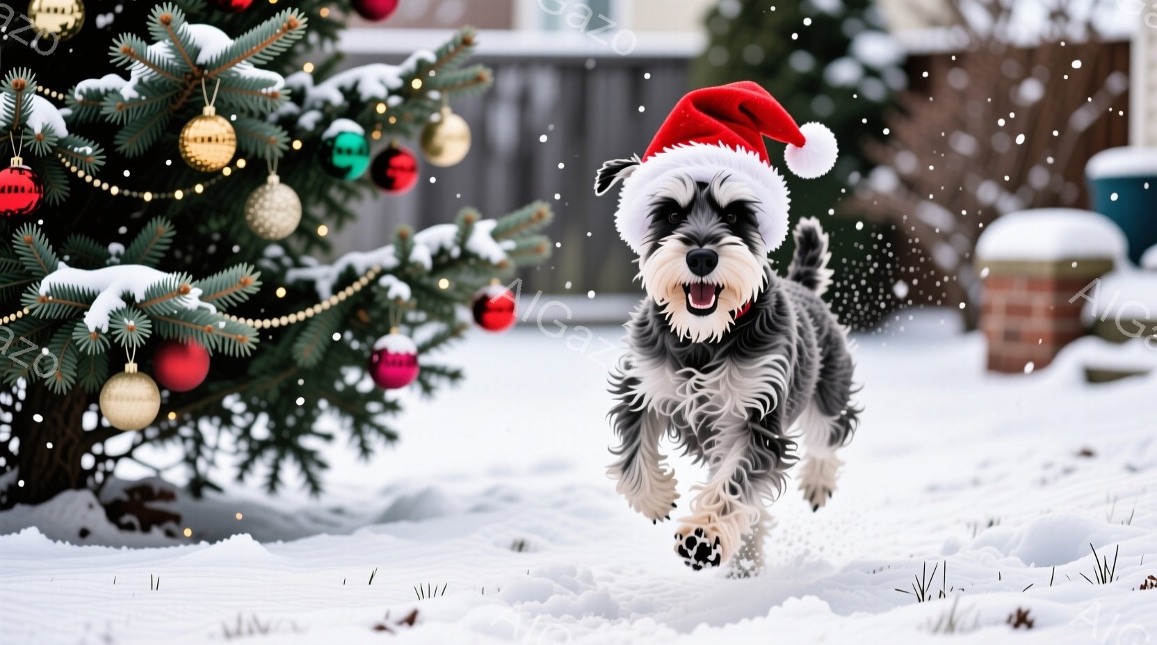白い雪景色の中、サンタの帽子をかぶったミニチュアシュナウザーが走り去る姿が捉えられています。犬は口を開けて楽しそうに走り、背景にはクリスマスツリーが飾られています。雪が舞い、暖かく、お祝いの雰囲気を醸 - AI生成フリー素材