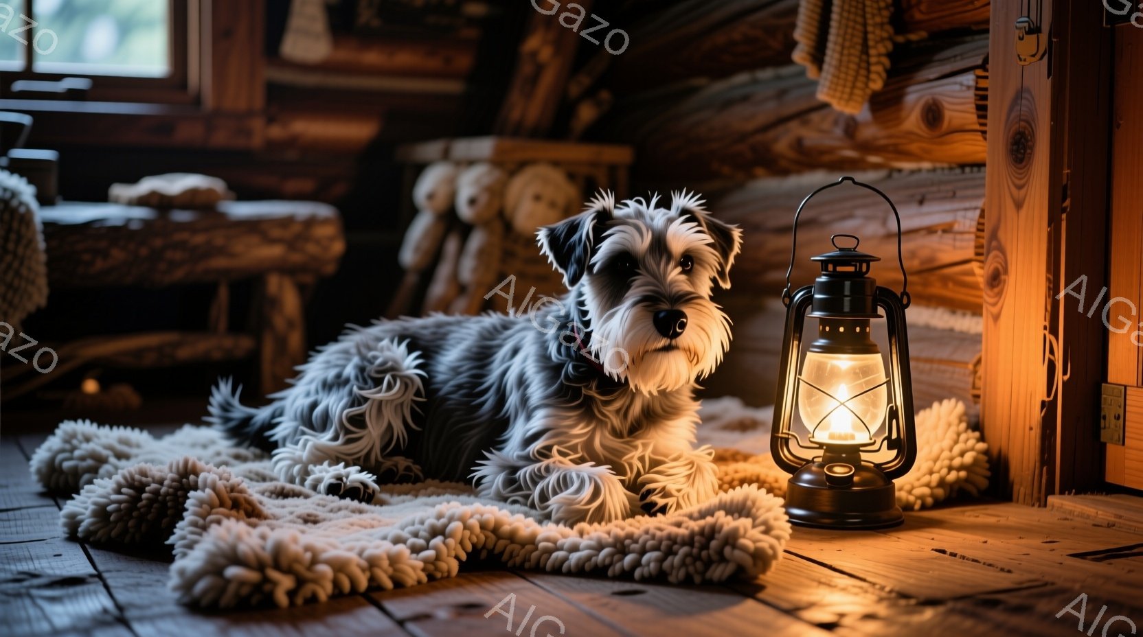 粗い毛並みのテリア犬が、ふわふわとした白いラグの上に横たわっています。背中には赤い首輪がついており、優しい眼差しで正面を見つめています。背景は木の板張りの室内で、古いランタンが犬の横で暖かく光っており、落ち着いた温かい雰囲気を作り出しています。