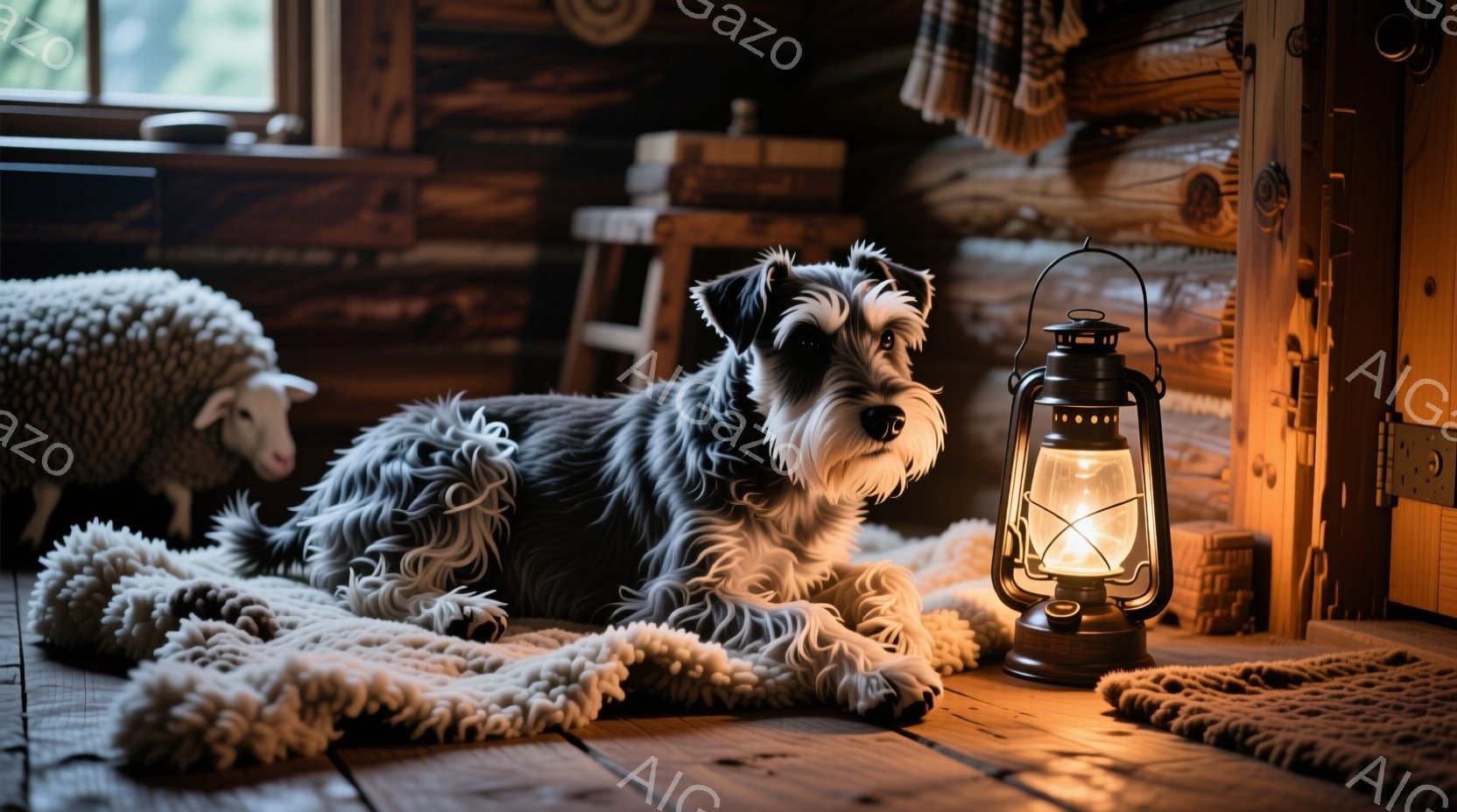 暖炉のある木の家の中で、テリア犬がふわふわのラグの上に横たわっています。犬は落ち着いた表情で、そばにはオイルランプが灯っており、室内を温かい光で満たしています。背景には木製の家具や、羊の毛皮のぬいぐるみが見え、素朴で穏やかな雰囲気を醸し出しています。