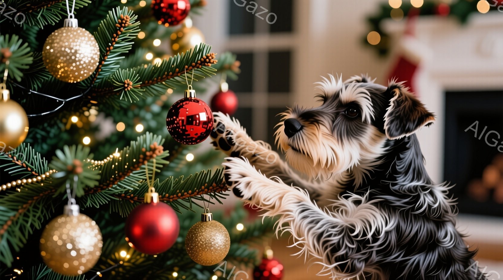 黒い毛並みのテリア犬がクリスマスツリーに手を伸ばし、赤いオーナメントに興味津々で注目しています。ツリーは多くの金色のオーナメントと赤いボールで飾られ、暖かく輝く光で満たされています。背景には暖炉が見え、ホリデーシーズンらしい居心地の良い雰囲気が漂っています。