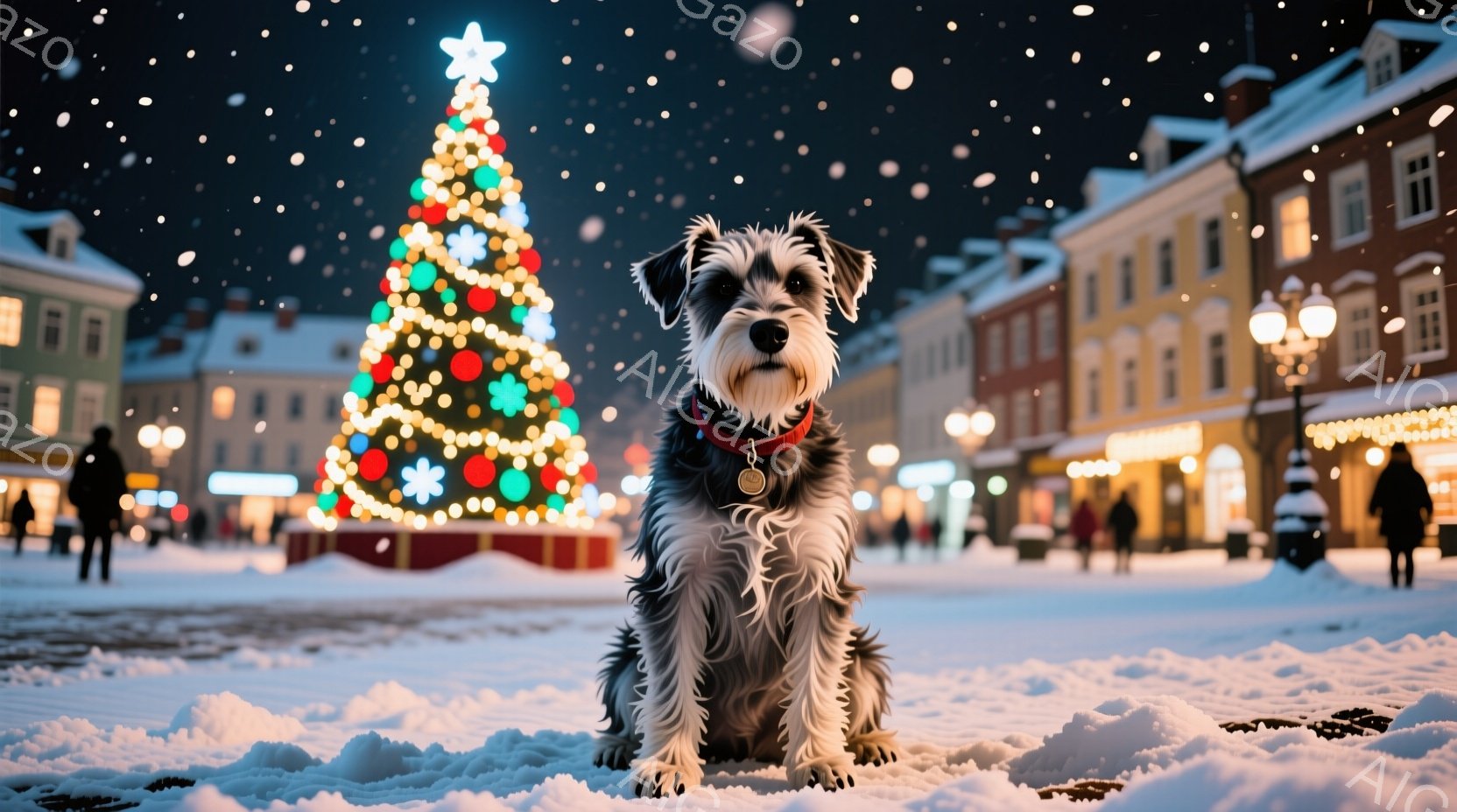 吹雪の中、クリスマスツリーを背景に、テリア犬が座ってこちらを見ている。犬は赤い首輪と、金属製のタグをつけており、表情は穏やかで落ち着いている。背景には雪に覆われた街並みと、きらびやかなクリスマスツリー - AI生成フリー素材