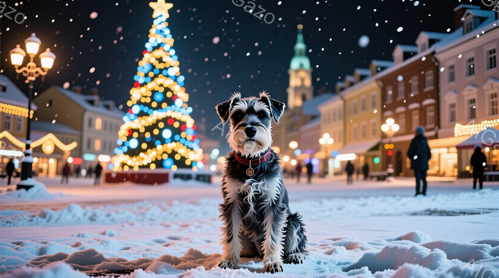 雪景色の中に、テリア犬が座ってこちらを見ている。背景には、クリスマスツリーが輝き、周囲の建物がイルミネーションで飾られている冬の夜の光景が広がる。犬は首輪をつけており、雪の上に座って落ち着いた表情で、暖かく穏やかな雰囲気が漂っている。