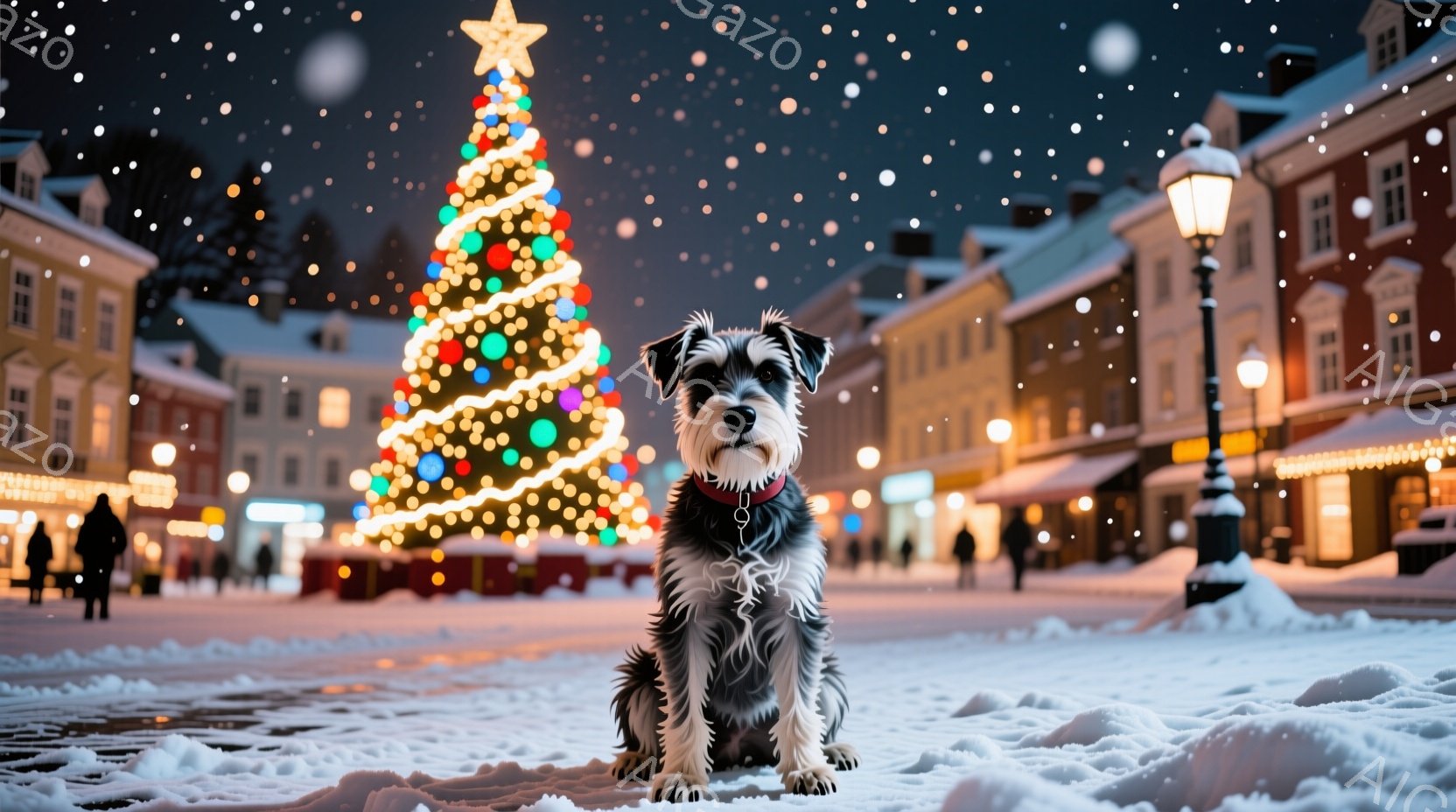 雪が降る夜の街並みに、テリア犬が座っています。犬は首輪をしており、少し厳しい表情で正面を見ています。背景には、ライトアップされたクリスマスツリーと、装飾が施された建物が並び、冬の夜の温かく幻想的な雰囲気を醸し出しています。