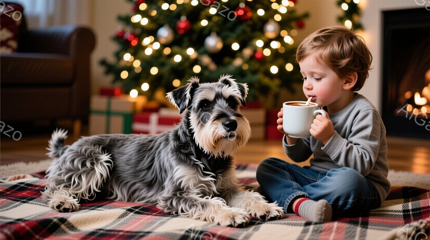 少年は赤いチェック柄の敷物の上に座り、湯気の立つマグカップを両手で抱え、何かを飲んでいます。彼の隣には、毛並みの美しいスタンダードプードルが横たわり、穏やかな表情でこちらを見ています。背景にはクリスマ - AI生成フリー素材