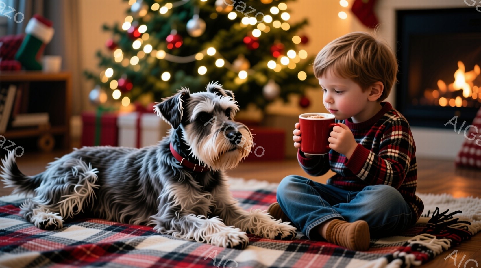 少年は赤いチェックのシャツにジーンズ姿で、床に座って赤いマグカップを両手で抱えています。彼の隣には、灰色の毛並みのミニチュアシュナウザーがリラックスして横たわっており、暖炉とクリスマスツリーが背景に見 - AI生成フリー素材