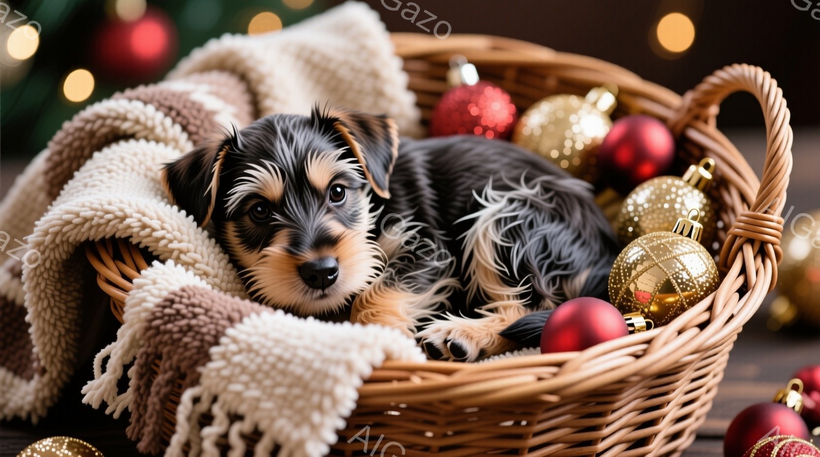 籐製のバスケットにふわふわの毛布が敷かれ、その中に小さなテリア犬が丸まって眠っています。犬は暗い毛並みに明るい茶色のアクセントがあり、優しい表情でカメラを見つめています。背景には、クリスマスオーナメントが散りばめられ、温かく、お祝いの雰囲気を作り出しています。