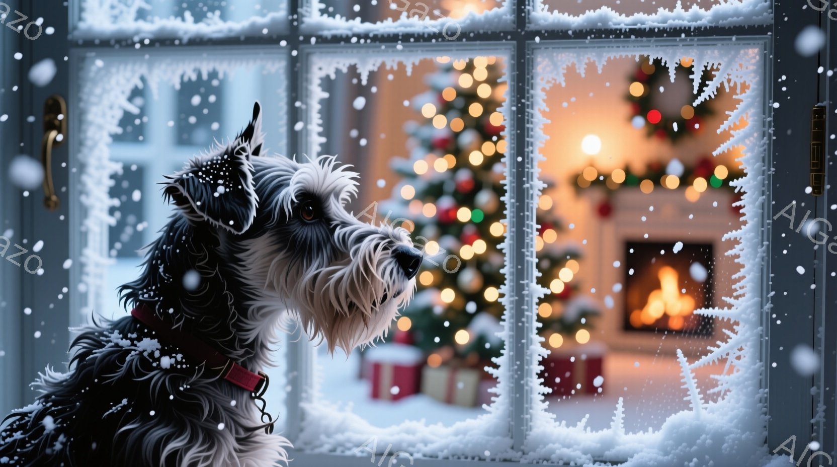 雪が降る中、窓辺に座るテリア犬が描かれています。黒い毛並みに白い顎髭が特徴で、赤い首輪をしています。室内にはクリスマスツリーが飾られ、暖炉の火が暖かく灯っており、クリスマスの温かい雰囲気が漂っています。