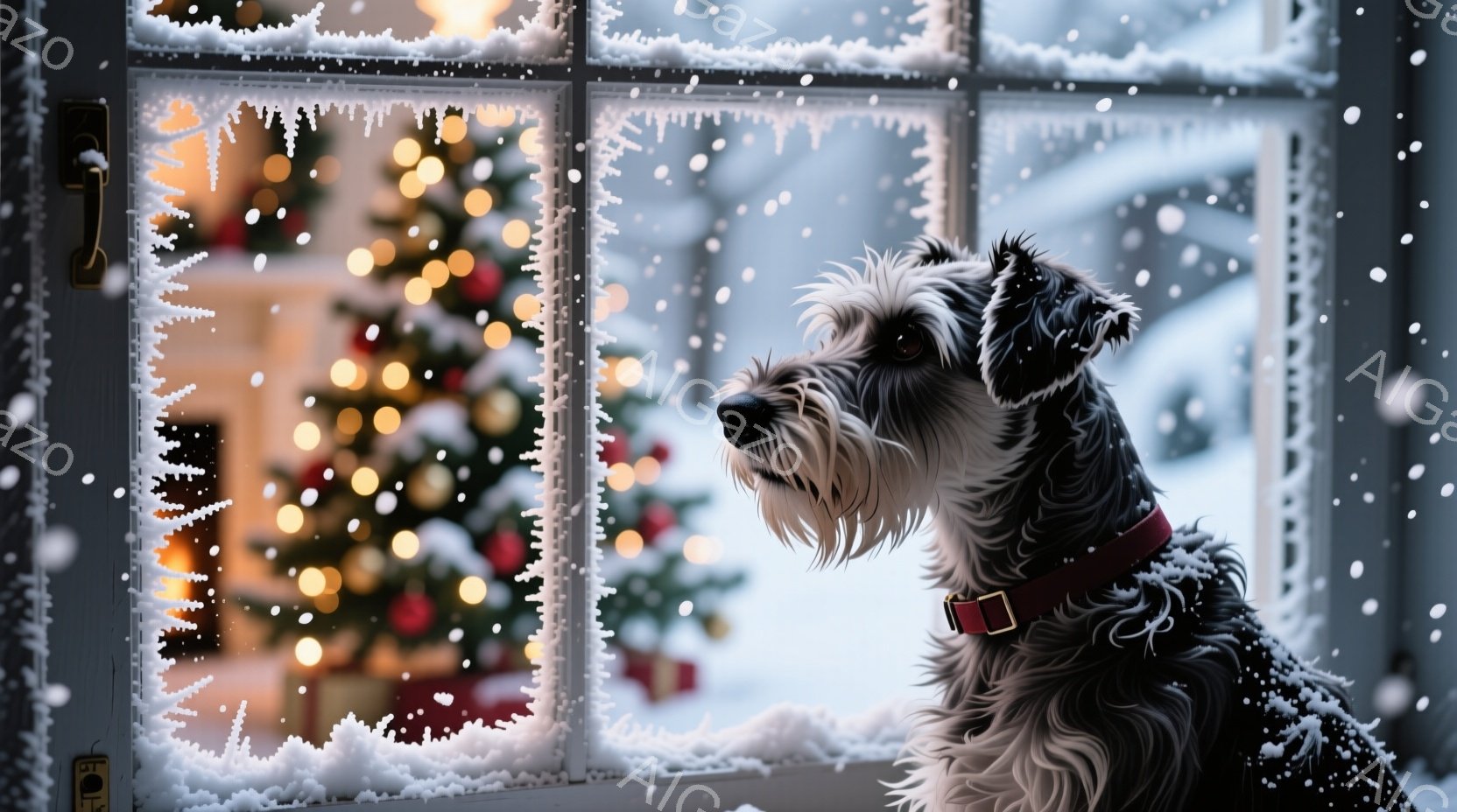 雪が降り積もる窓辺に、テリアのような犬が鼻を窓ガラスにつけて外を眺めている。犬は赤い首輪をつけており、顔の毛並みは白と黒が混ざり合い、憂いを帯びた表情をしている。背景には、クリスマスの飾り付けがされたツリーやプレゼントが見え、暖かい光が灯っており、冬の穏やかな雰囲気を醸し出している。