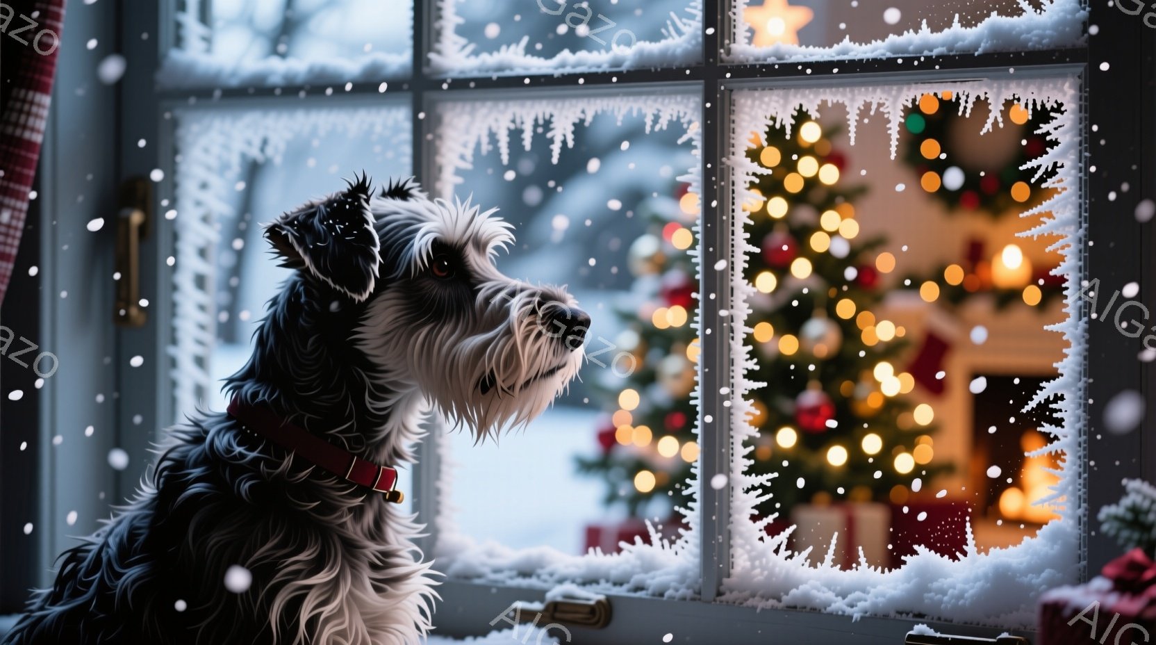 ミニチュアシュナウザーが、クリスマスツリーの下に置かれたプレゼントの山の中に横たわっています。犬は灰色の毛並みで、少し憂いのある表情をしています。背景には、装飾されたクリスマスツリーと、キラキラ光る電 - AI生成フリー素材