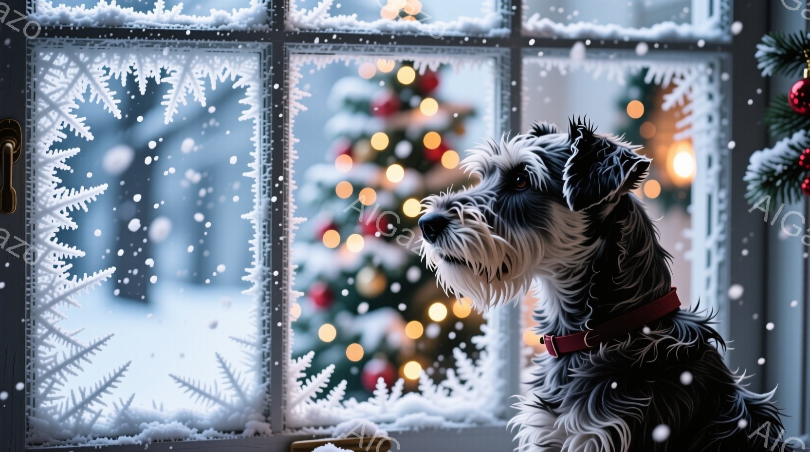 雪の降る冬の窓辺に、テリア系の犬が寄り添うように座っている。赤い首輪をつけ、外を眺めており、表情は穏やかで少し物憂げだ。背景には、ぼやけたクリスマスツリーの光が輝き、雪景色が広がっており、温かく、静かな冬の雰囲気が漂っている。
