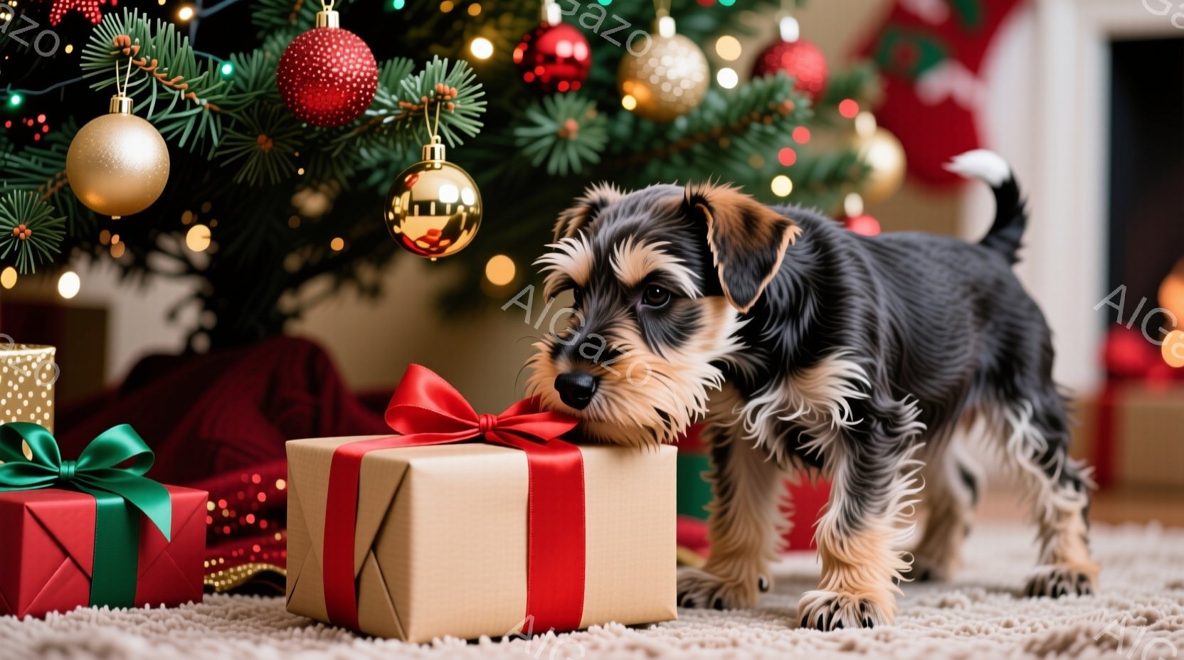 柔らかい毛並みのテリアの子犬が、プレゼントの箱の横に立っています。背景にはクリスマスツリーが飾られ、暖かくお祝いムードに包まれています。子犬は好奇心旺盛な表情で、箱を見つめており、全体的に優しい雰囲気が漂います。