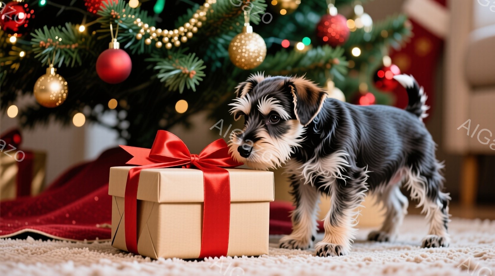 黒とグレーの毛並みを持つ小さな犬が、赤いリボンで結ばれたプレゼントの箱の前に立っています。犬はプレゼントを興味津々に見つめており、鼻を近づけて匂いを嗅いでいるようです。背景には、装飾されたクリスマスツ - AI生成フリー素材