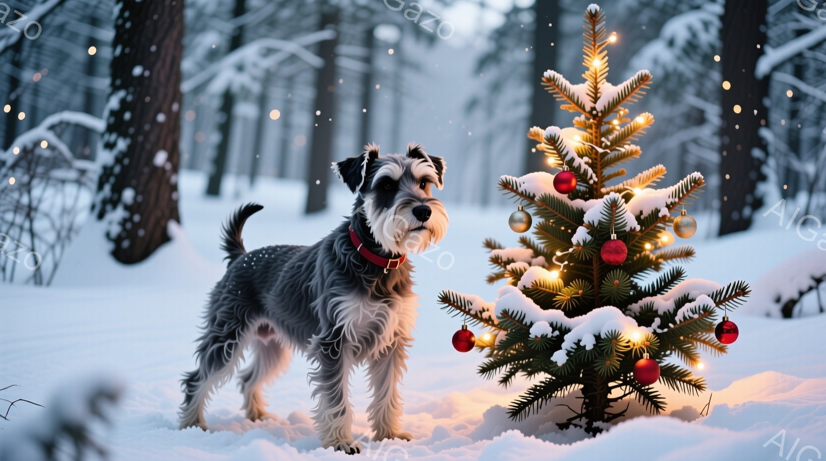 雪景色の中に、装飾された小さなクリスマスツリーと、その隣に立つミニチュアシュナウザーが写っています。犬は首輪をつけており、少し警戒した表情で、右の方角を見つめています。背景は雪に覆われた木々で、雪が舞 - AI生成フリー素材