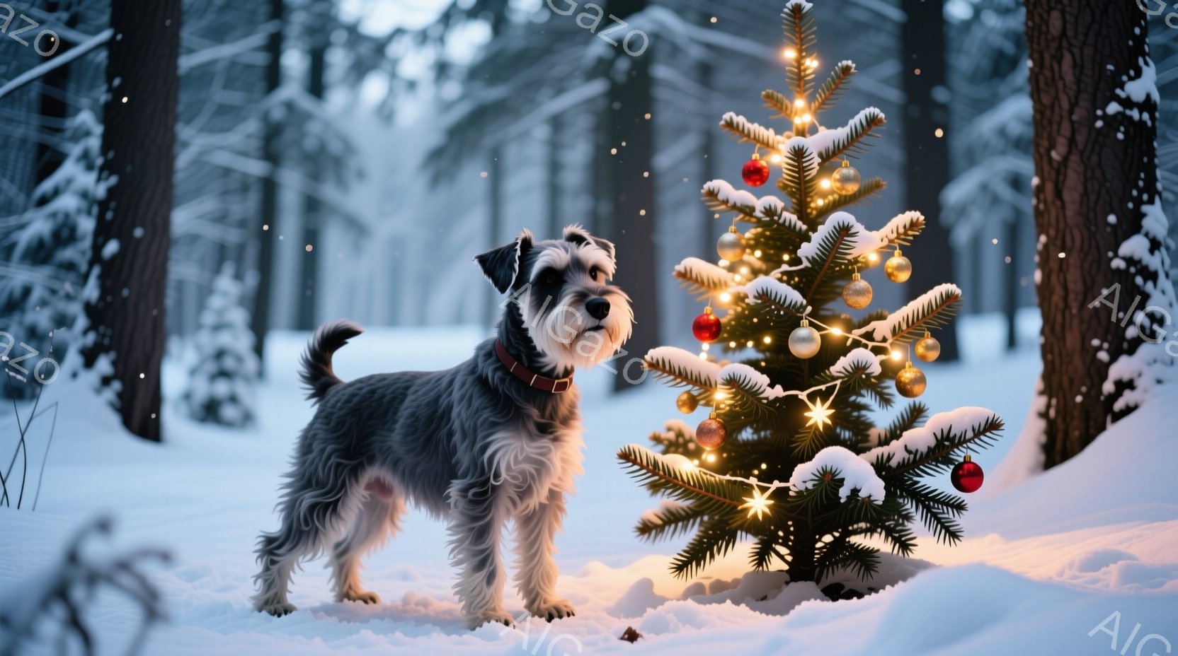雪が降り積もる森の中で、灰色の毛並みのシュナウザーがクリスマスツリーの前に立っている。ツリーは飾り付けられ、雪化粧をまとい、温かい光を放っている。犬は落ち着いた表情で、冬の静寂とクリスマスの温かさを感 - AI生成フリー素材