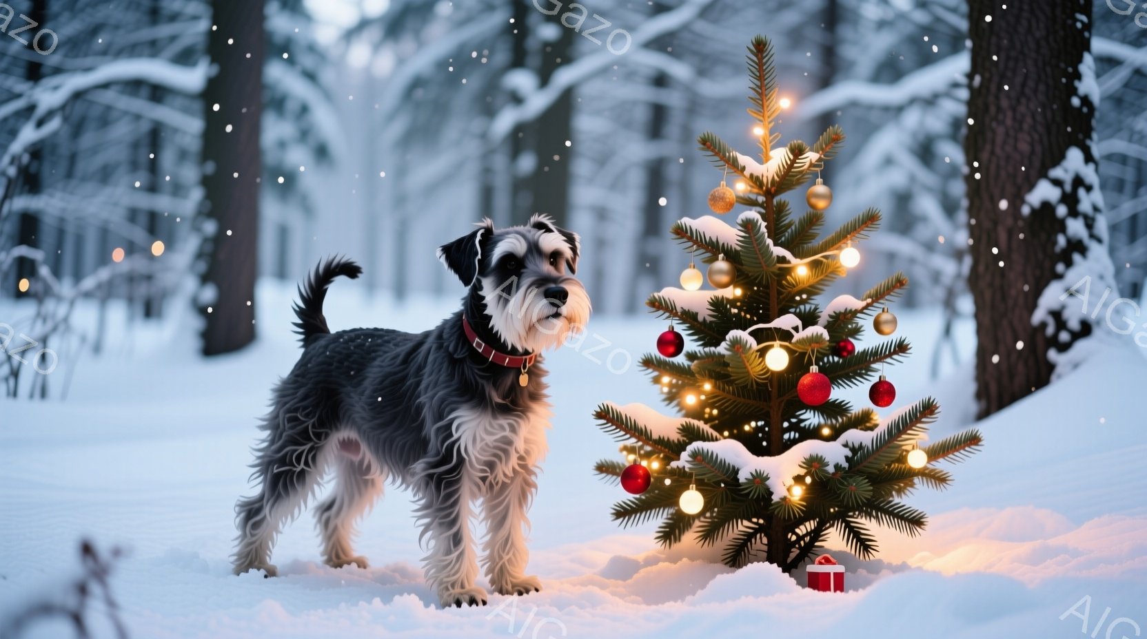 雪景色の中に、灰色の毛並みを持つミニチュアシュナウザーが立っている。その犬は赤い首輪をつけており、少し緊張した表情で何かを見つめているようだ。背景にはクリスマスツリーが飾られ、雪が降り積もる森の中で暖 - AI生成フリー素材