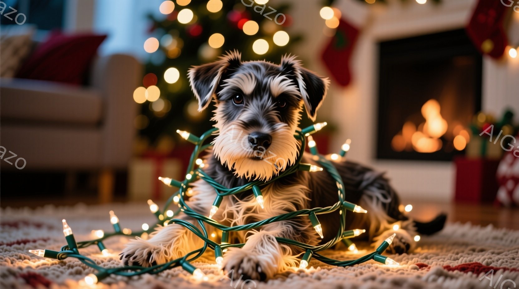 暖炉のそばのラグの上に、クリスマスツリーのイルミネーションに絡まった小さなテリア犬が横たわっています。犬は黒と白の毛並みで、穏やかな表情を浮かべ、リラックスした様子でイルミネーションに包まれています。背景には、プレゼントやクリスマスツリー、暖炉の火が見え、全体的に暖かく、お祝いムードに満ちた雰囲気です。