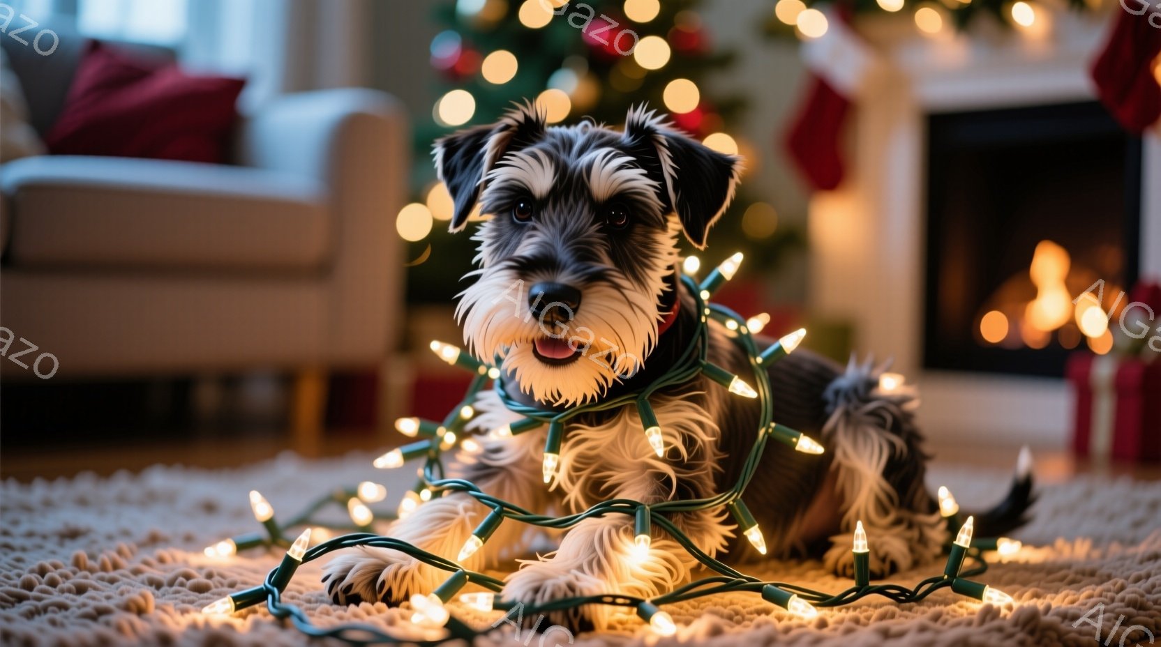 黒い毛並みを持つミニチュアシュナウザーが、クリスマスツリーのイルミネーションライトに絡まって横たわっています。犬はリラックスした表情で、少し口を開けて微笑んでいるように見えます。背景には、暖炉とぼんやりとしたクリスマスツリーが見え、温かく居心地の良い休日の雰囲気を醸し出しています。