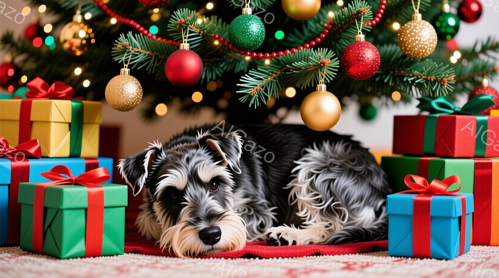 クリスマスツリーの足元に、灰色のスタンダードプードルが横たわっています。プードルは少し憂いを含んだ表情で、プレゼントの山に囲まれてリラックスした様子です。背景には、赤色のテーブルクロスと、様々な色のク - AI生成フリー素材