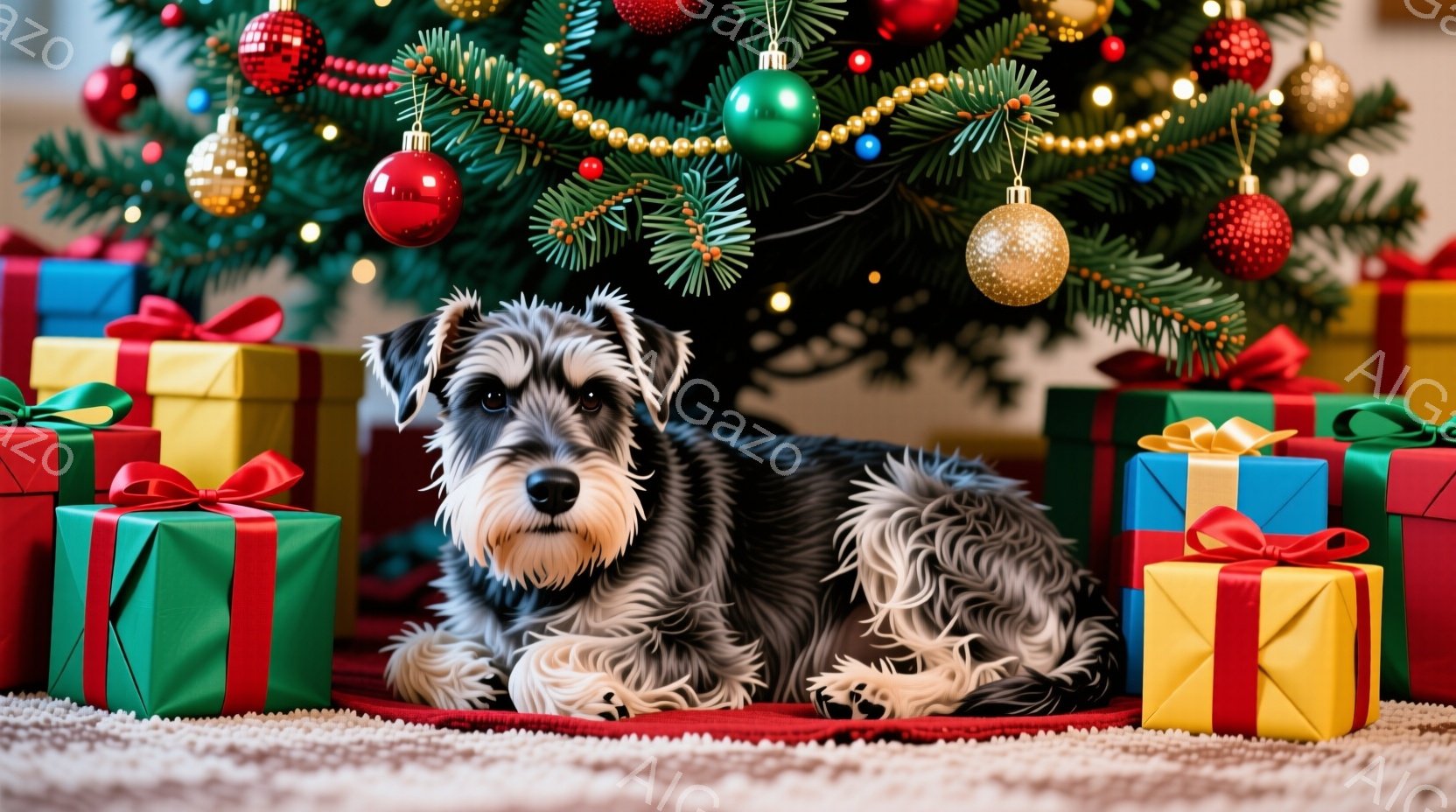 黒いテリア犬が、クリスマスツリーの周りに置かれたカラフルなプレゼントに囲まれて横たわっています。犬は落ち着いた表情で、毛並みが良く整えられています。背景には緑豊かなクリスマスツリーと、赤いカーペットが広がり、温かくお祝いムードに満ちた雰囲気です。