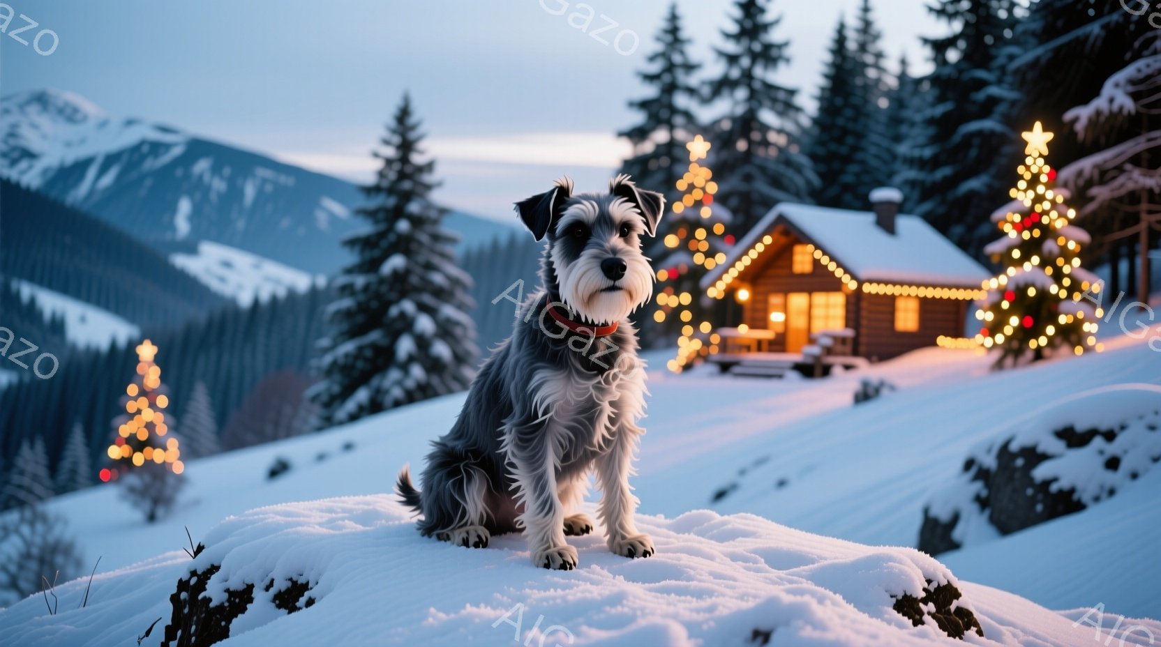雪景色の中に、テリア犬が座ってこちらを見ている。犬は首輪をつけており、背景にはクリスマスの飾り付けがされた可愛らしい山小屋と、雪をまとった木々が広がっている。全体的に暖かく、穏やかなクリスマスの雰囲気が漂う。