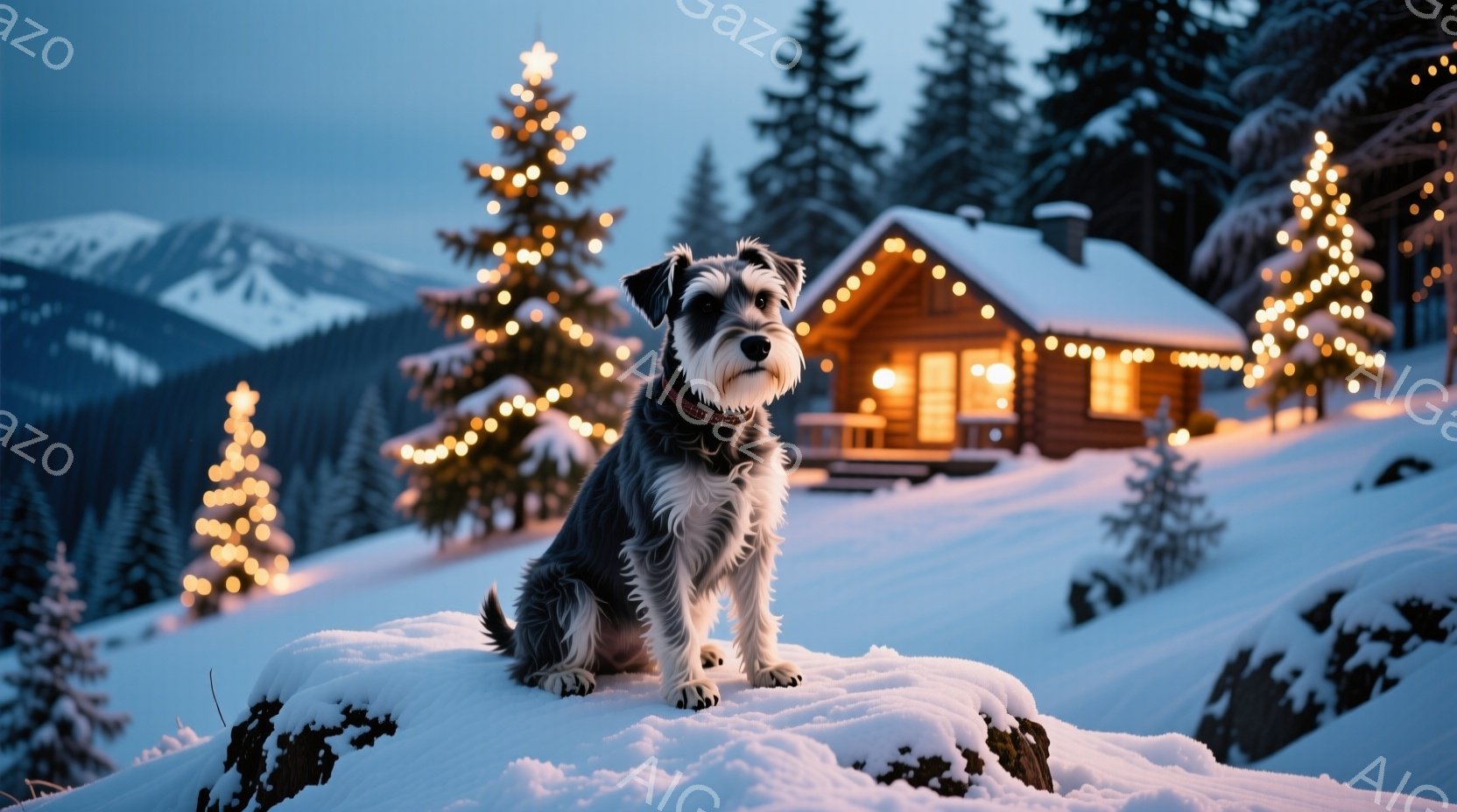 雪景色の中に、黒と白のテリア犬が座っています。犬は茶色の首輪をつけており、凛々しい表情で正面を見ています。背景には、クリスマスツリーのような装飾が施された可愛らしいログハウスと、雪をまとった山々が広がり、温かく幻想的な雰囲気を醸し出しています。