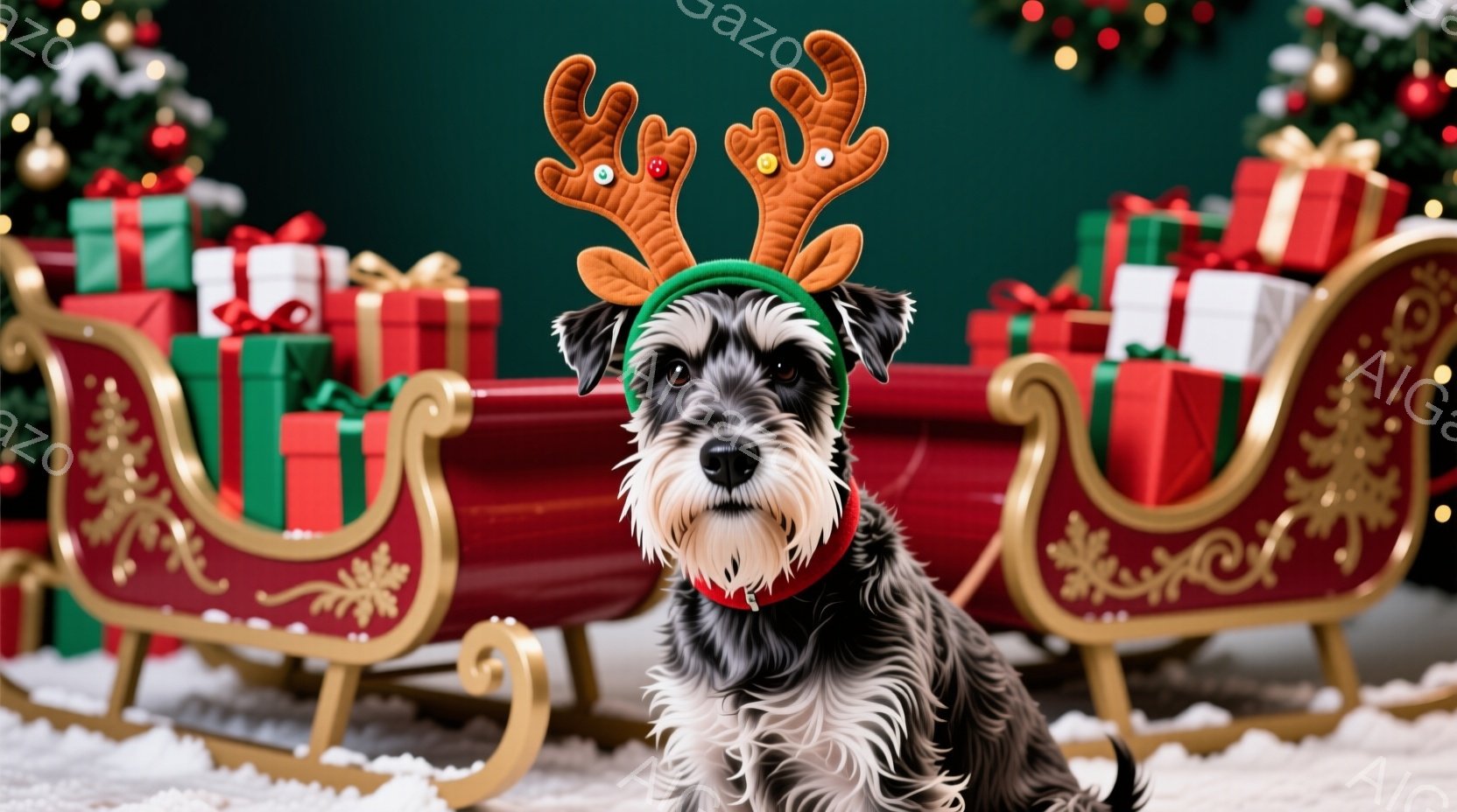 灰色のテリア犬が、クリスマスのトナカイの角のヘッドバンドをつけて座っています。犬は正面を見ており、少し警戒したような表情をしています。背景には赤いそり、プレゼントの山、そしてぼやけたクリスマスツリーがあり、雪が降っているような白い地面が広がっています。