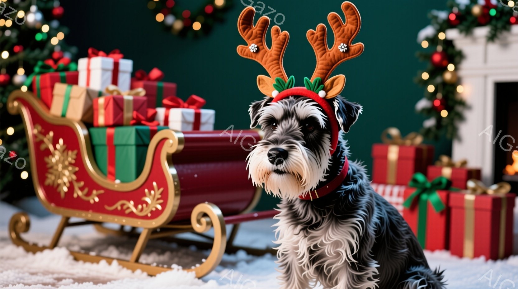 黒い毛並みのミニチュアシュナウザーが、赤いトナカイの角のヘッドバンドをつけて座っています。背景には雪の上に置かれた赤いそりとプレゼントの山、そしてクリスマスツリーの光がぼんやりと見え、暖かくお祝いムー - AI生成フリー素材