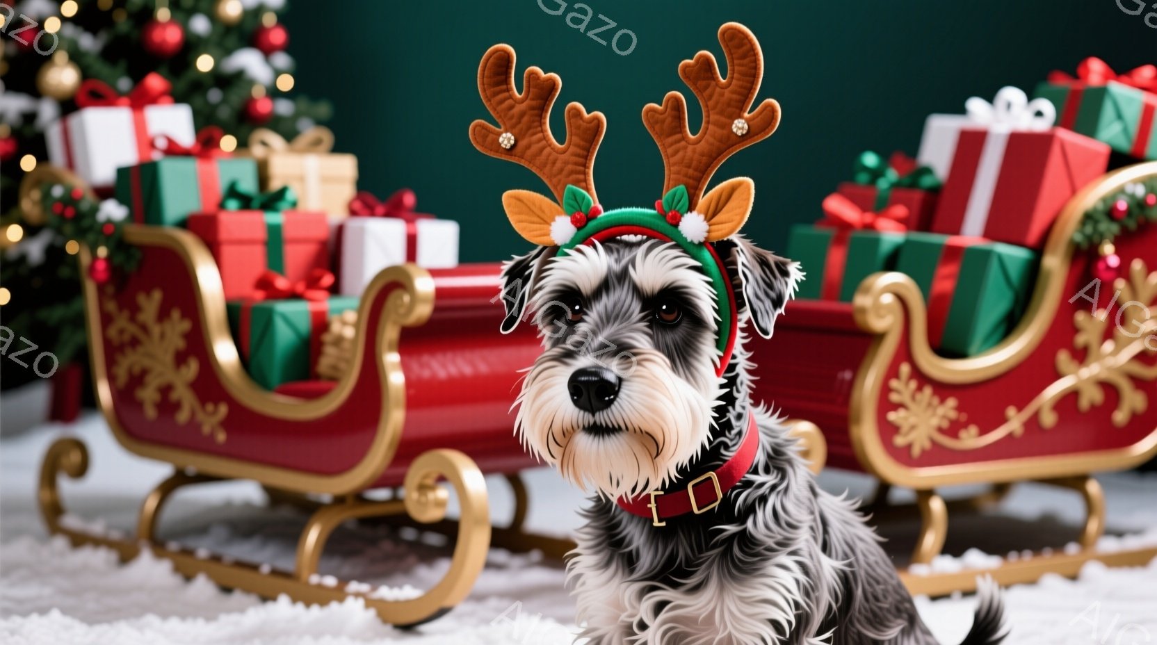 小さなテリア犬が、クリスマスのトナカイの角飾りをつけて座っています。背景には赤いそりとプレゼントの山が広がり、雪が舞う冬の風景が描かれています。犬は前方をまっすぐ見ており、少し控えめながらも可愛らしい表情をしています。