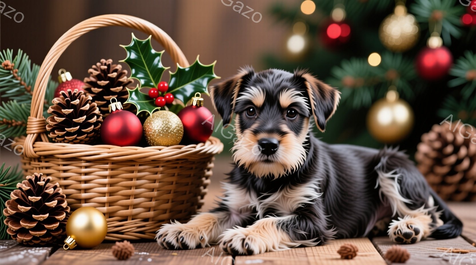 黒と茶色のテリアの子犬が木製のテーブルに横たわり、ラタンのバスケットと松ぼっくり、クリスマスオーナメントに囲まれています。子犬は前足を伸ばし、リラックスした表情でカメラを見つめており、背景にはぼやけたクリスマスツリーと雪のような装飾が見えます。全体的に、暖かく、心地よく、クリスマスの雰囲気が漂う写真です。