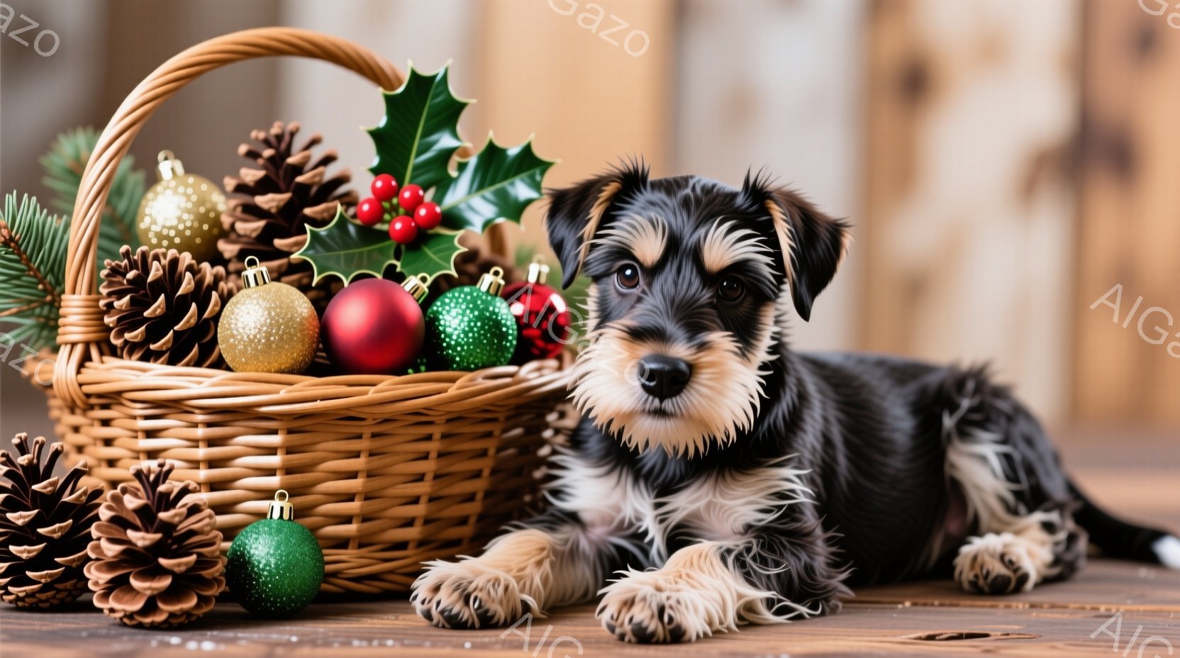 暗い毛並みと明るい茶色の足を持つ小さな犬が、クリスマスオーナメントと松ぼっくりで満たされた籐のバスケットの隣に横たわっています。犬は前足を伸ばし、穏やかな表情でカメラを見ています。背景は木製の表面で、 - AI生成フリー素材