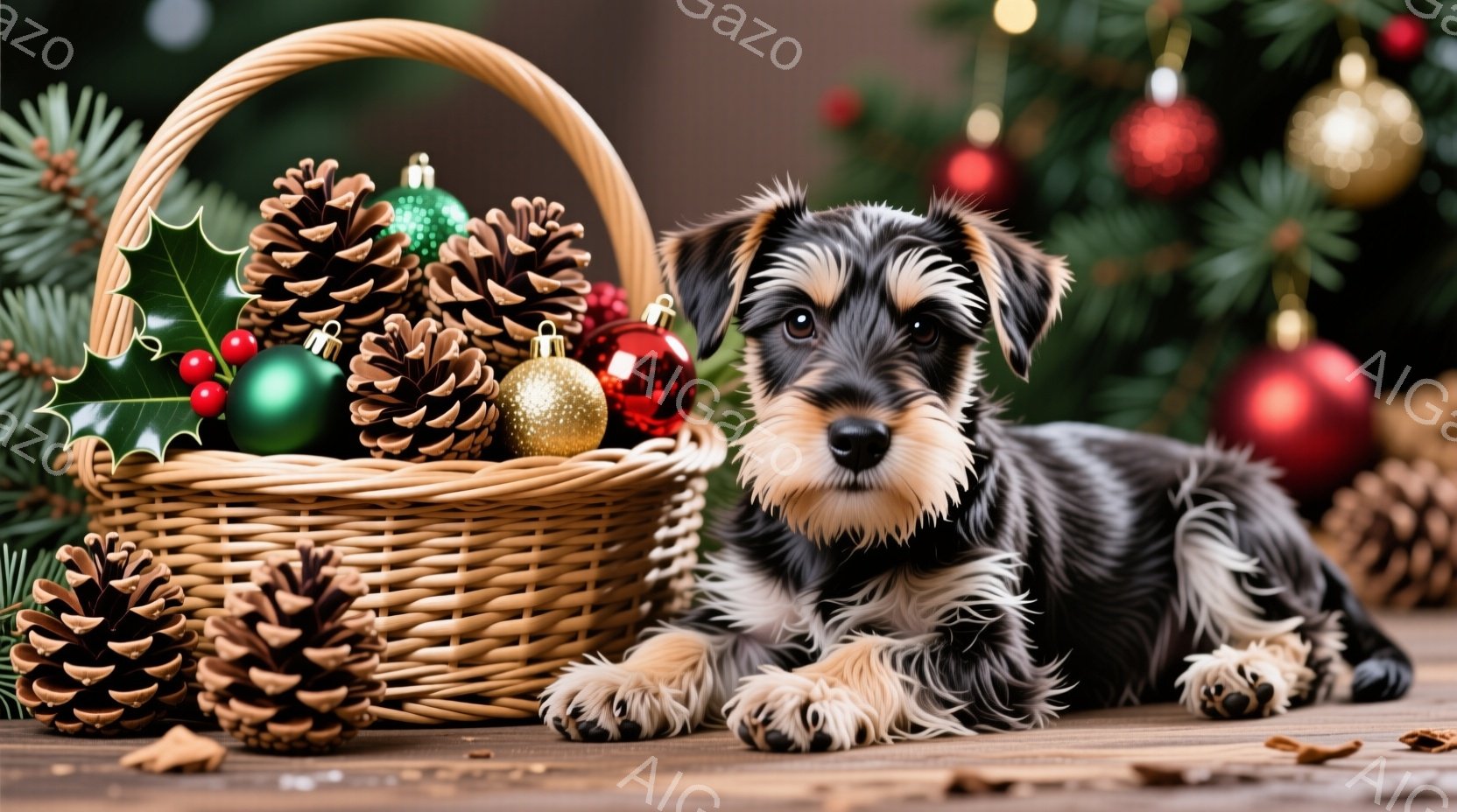 小さなテリア犬が、クリスマスオーナメントと松ぼっくりが入ったバスケットの隣で横たわっています。犬は黒と白の毛並みで、前足は白く、リラックスした表情でカメラを見ています。背景には、クリスマスツリーの緑の葉と赤い飾りが見え、全体的に温かく、お祝いの雰囲気を醸し出しています。