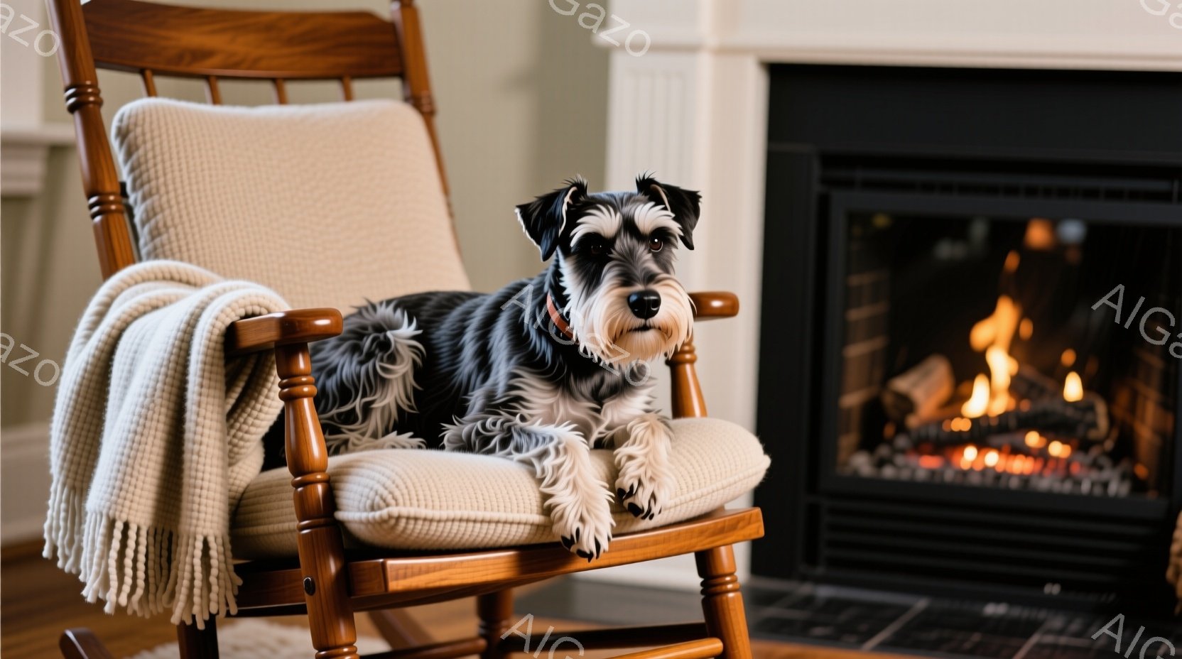 暖炉の前に置かれたロッキングチェアに、黒と白のテリア犬がゆったりと横たわっています。犬は落ち着いた表情で、ロッキングチェアの座面に白いクッションと毛布が敷かれています。背景には暖炉があり、炎が暖かく灯り、部屋全体に安らぎと温かさを与える雰囲気です。