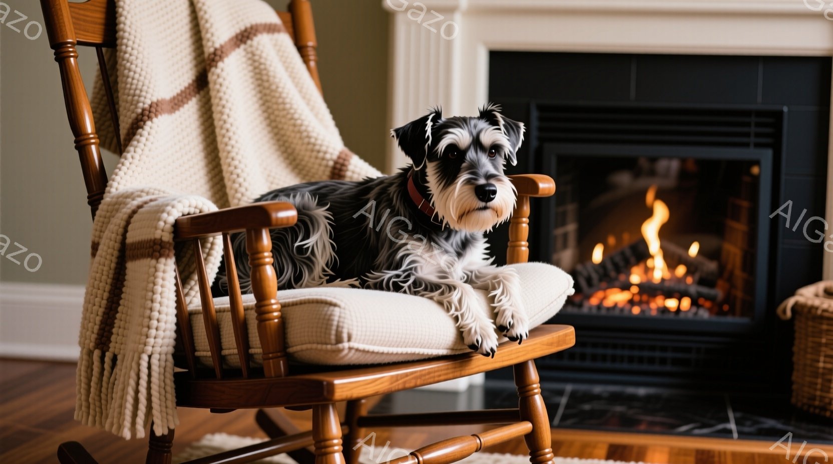 濃いグレーと白の毛並みを持つミニチュアシュナウザーが、クッション付きのロッキングチェアにゆったりと座っています。暖炉が背景にあり、温かく居心地の良い雰囲気を醸し出しています。ロッキングチェアにはオフホ - AI生成フリー素材