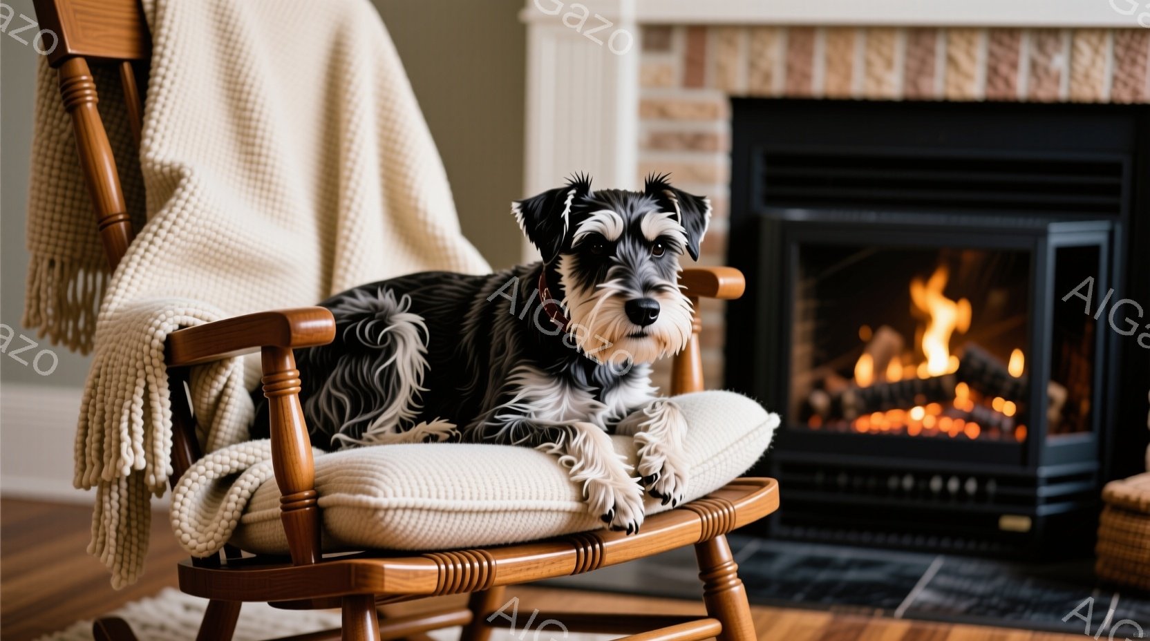 黒い毛並みで足が白い小型犬が、アイボリー色のクッションが置かれたロッキングチェアにゆったりと座っています。暖炉が背景にぼんやりと見え、部屋全体が温かく落ち着いた雰囲気です。犬はリラックスした表情で、穏 - AI生成フリー素材