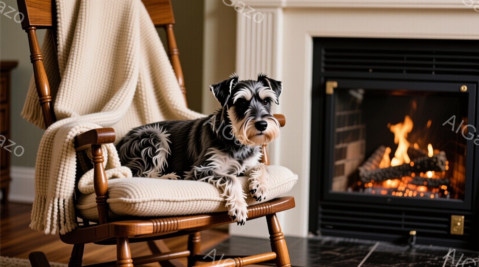 黒い毛並みのミニチュアシュナウザーが、暖炉のそばにあるロッキングチェアに座っています。犬はリラックスした様子で、正面を見つめており、その表情は穏やかです。背景には黒いタイル張りの床と、暖炉の中で燃え盛る炎が暖かさを演出しています。