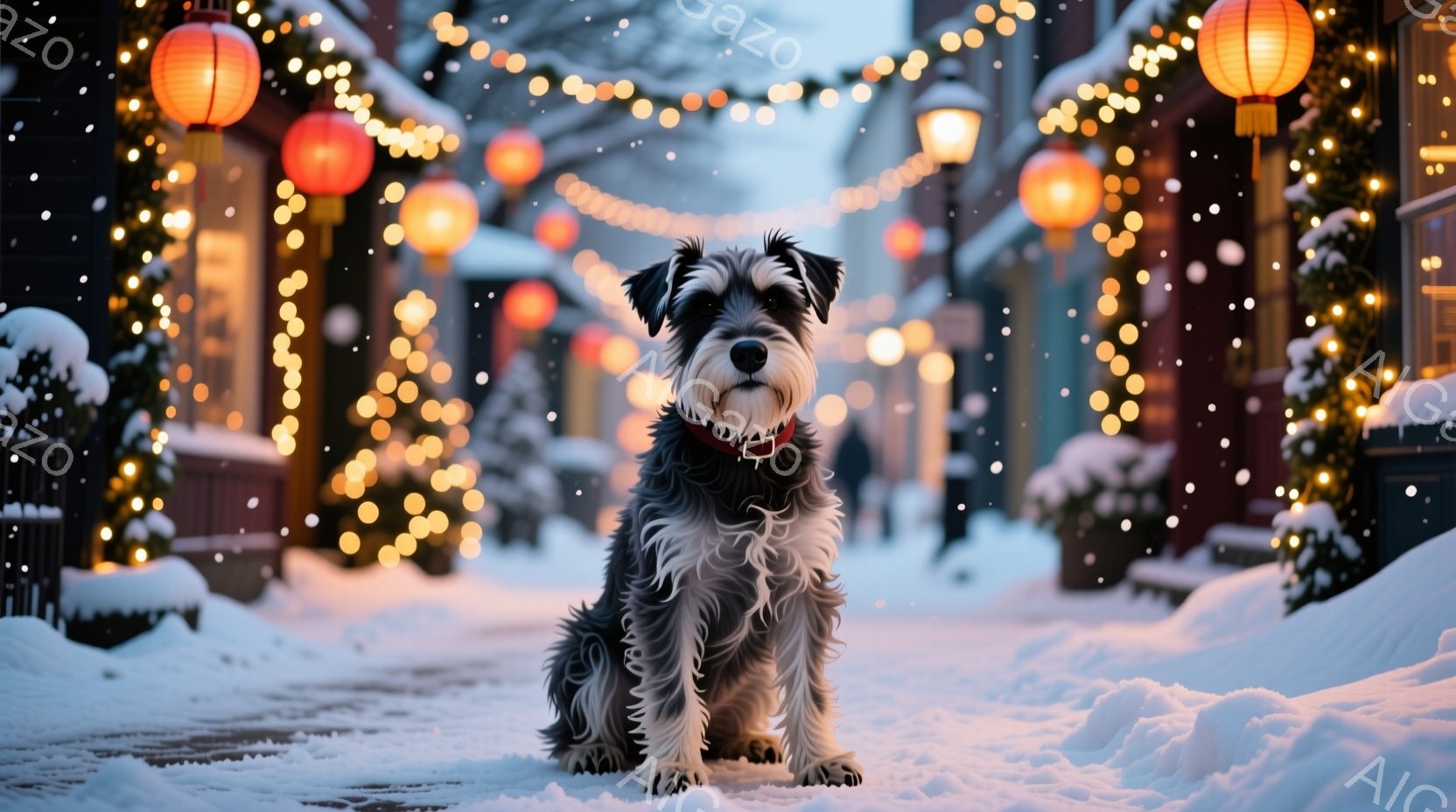 雪が降り積もる街並みを背景に、テリア種の犬が座っています。犬は首輪をつけており、少し前を向いてこちらを見ています。背景には、クリスマスのようなイルミネーションが輝き、暖かく幻想的な雰囲気を醸し出してい - AI生成フリー素材