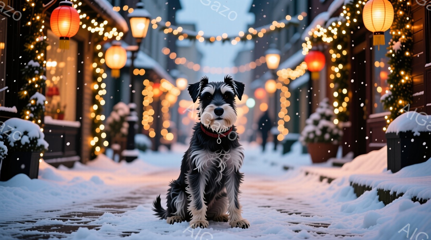雪が降り積もった石畳の道に、黒と灰色のテリアが座っています。赤い首輪をつけており、まっすぐ前を見て凛々しい表情をしています。背景には、輝くイルミネーションと装飾された建物が並び、冬の暖かく幻想的な雰囲 - AI生成フリー素材